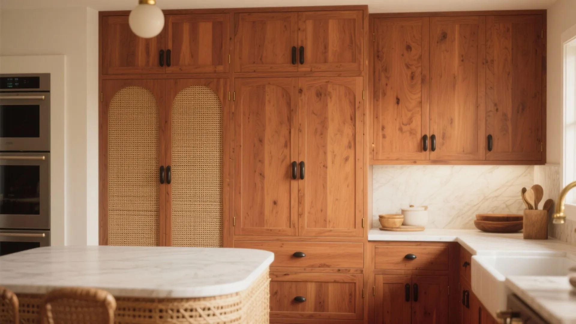 1. Warm, layered wood and rattan