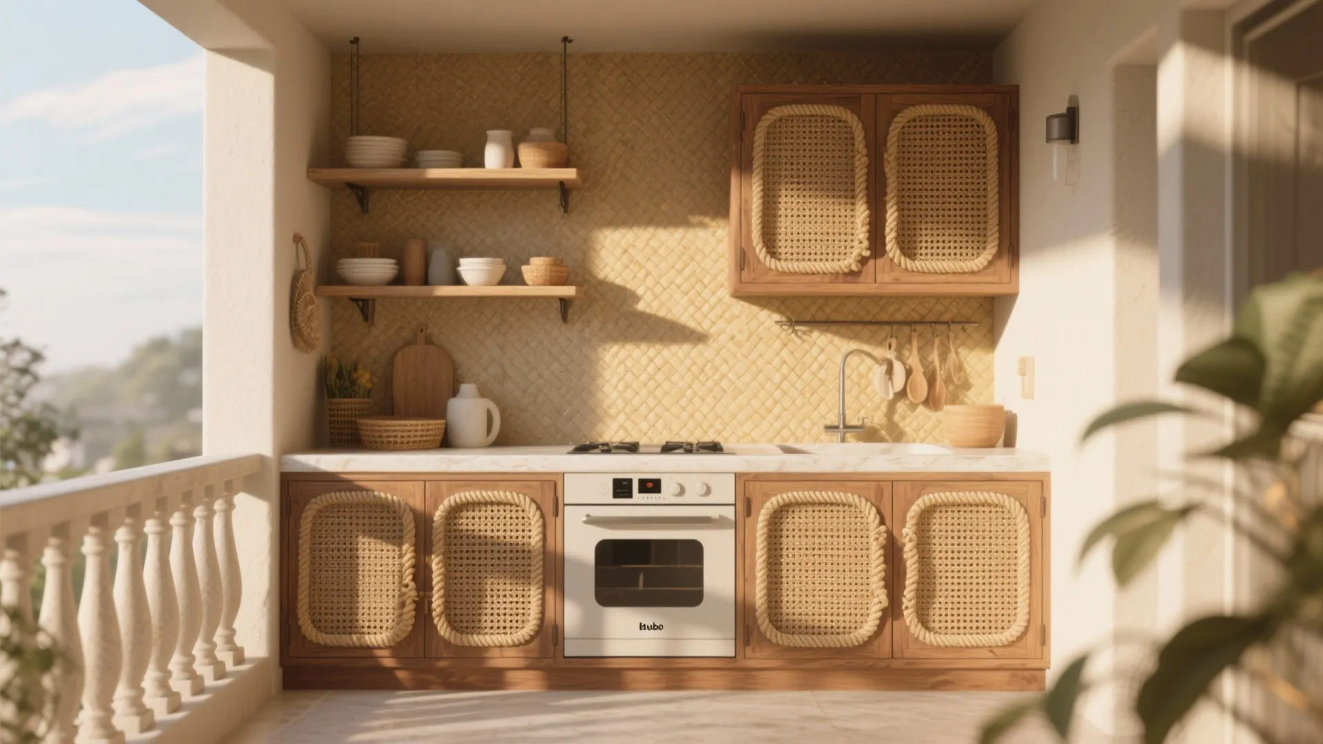 Warm wood frames with rattan doors and abaca rope handles on a kubo balcony kitchen.