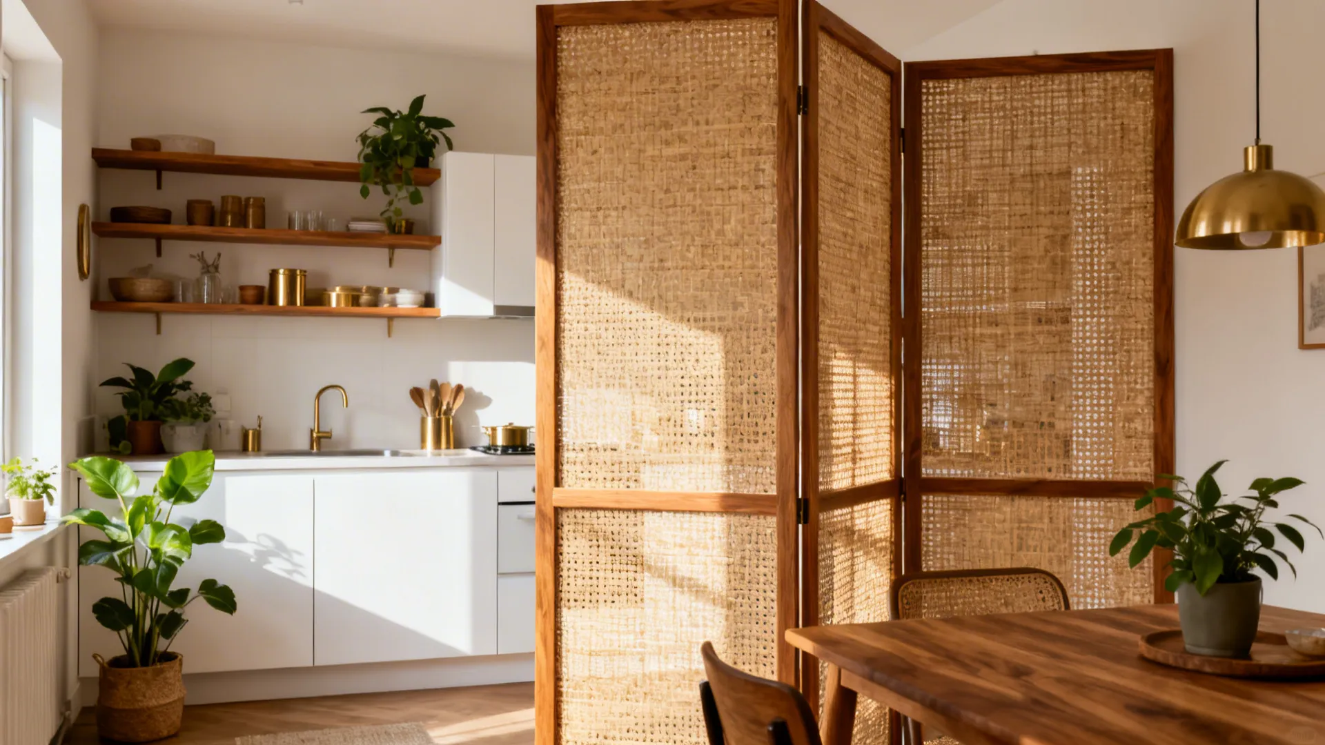 3) Bi-Fold Screens in Wood and Rattan