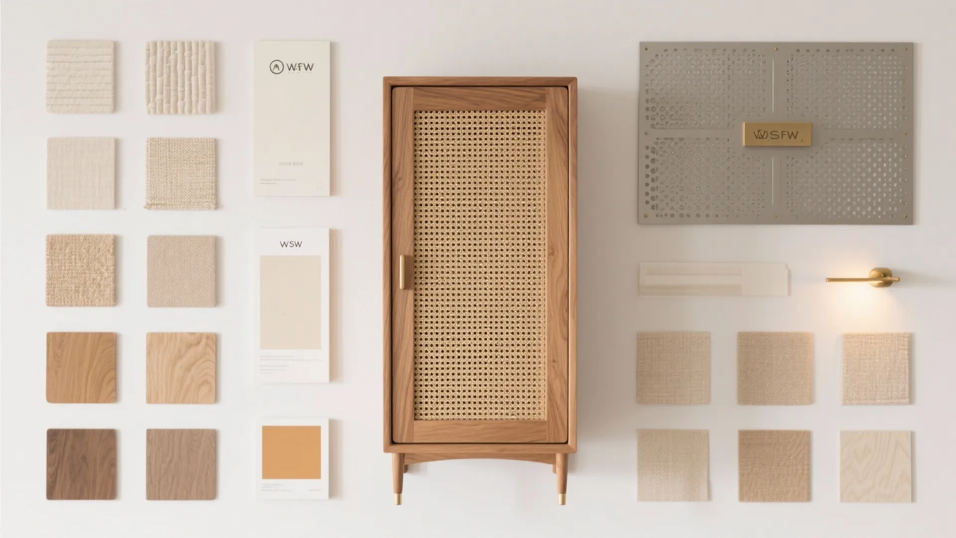 Wood and rattan cabinet surrounded by various material samples like fabric wood and wall panels
