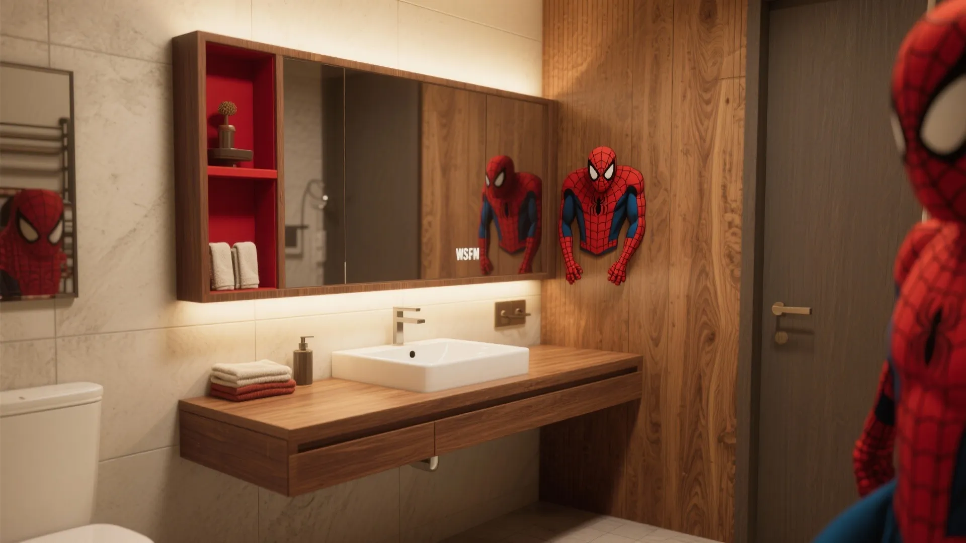 Modern bathroom with wood wall panel white sink cabinet mirror and a Spider Man wall decoration
