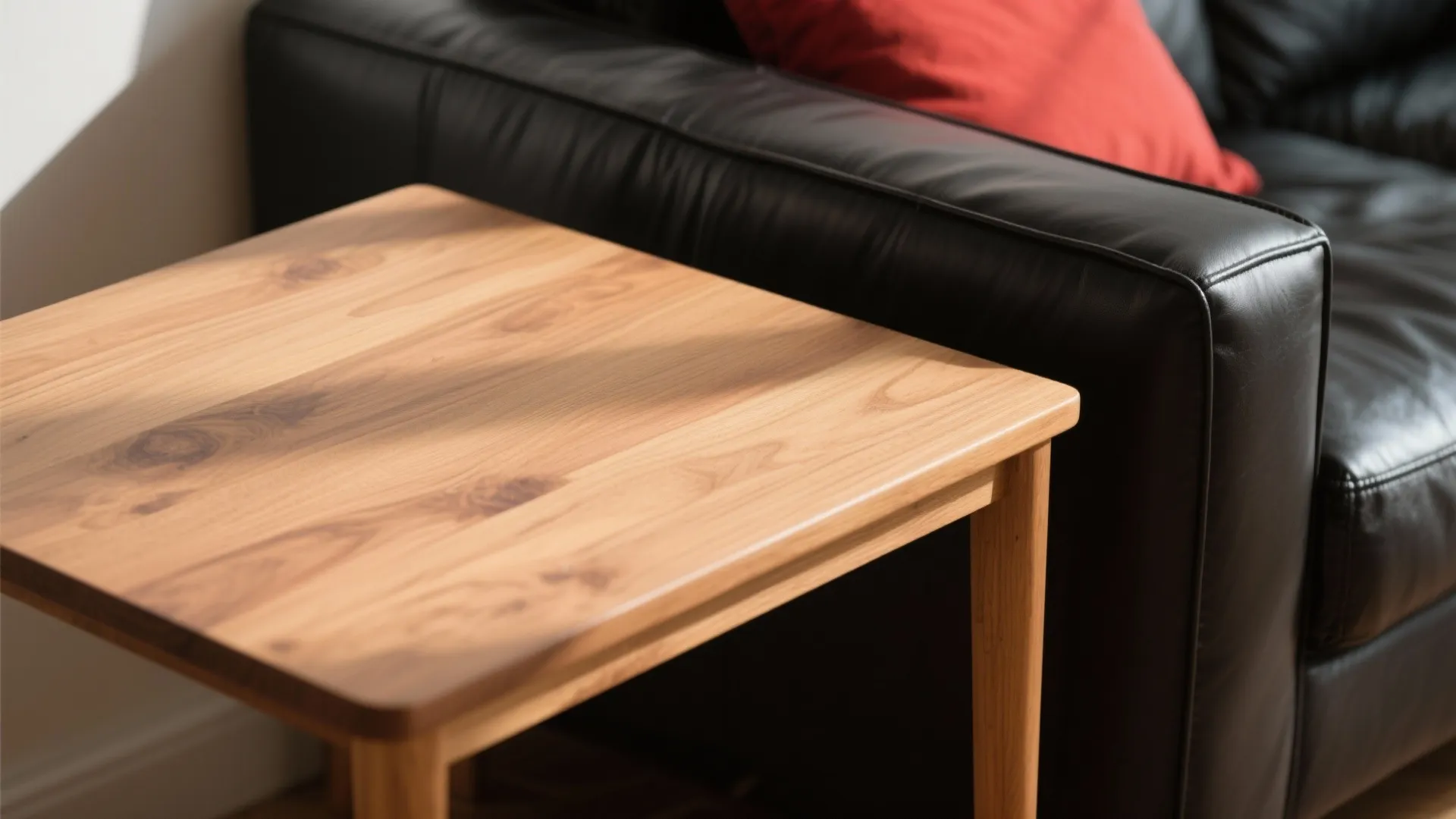 Light wood side table placed next to a black leather sofa with a red pillow