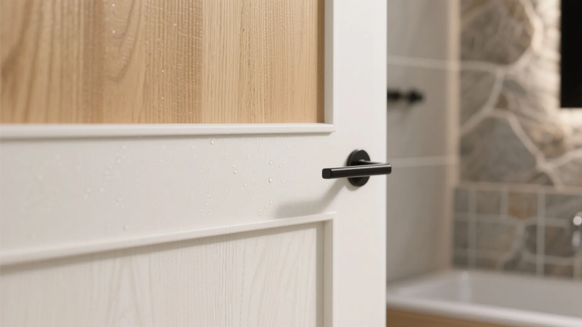 Close up of white and wood door with black handle and water drops in bathroom