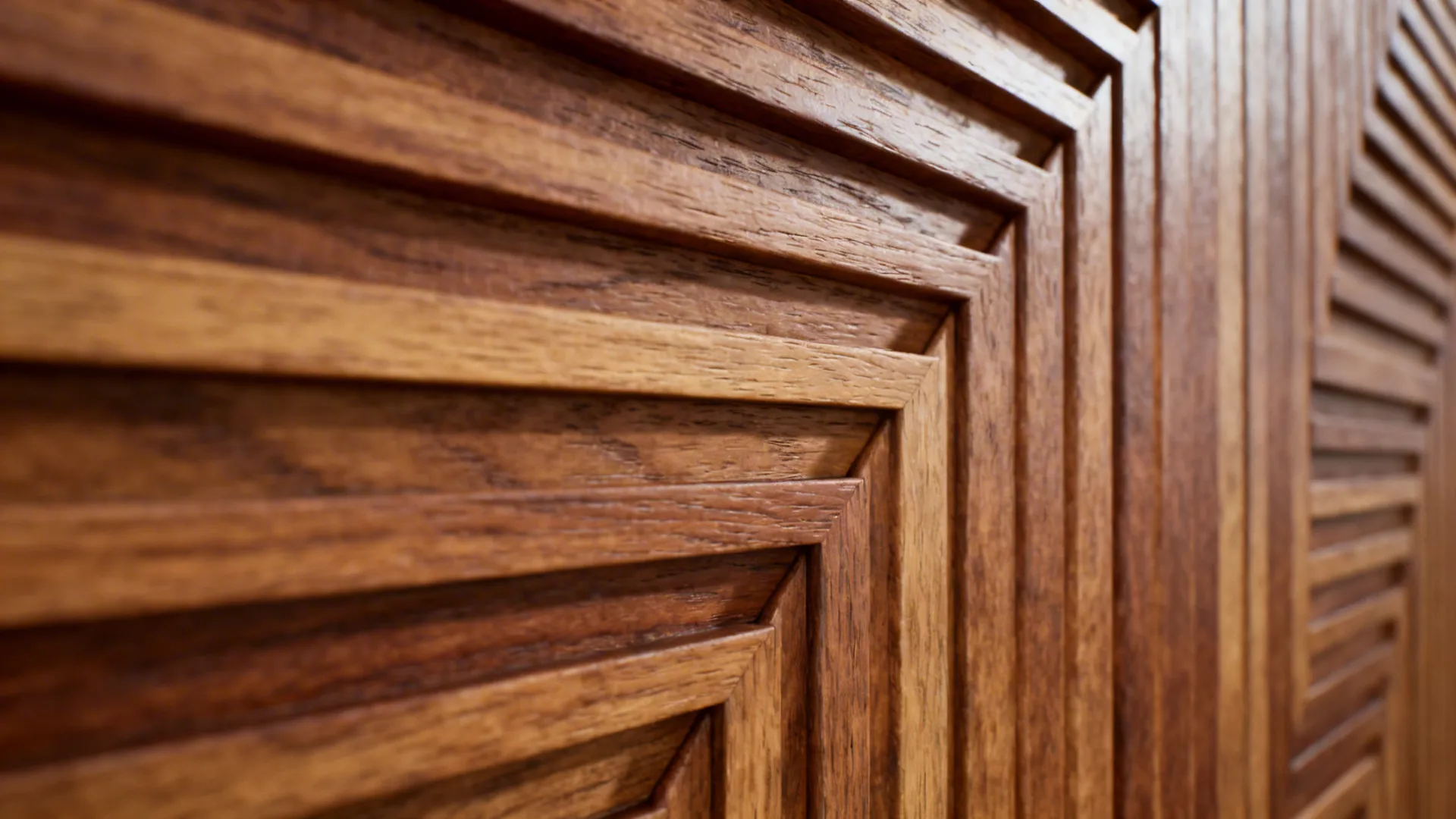 Close-up of layered wood relief panels with alternating grain creating subtle shadow patterns.