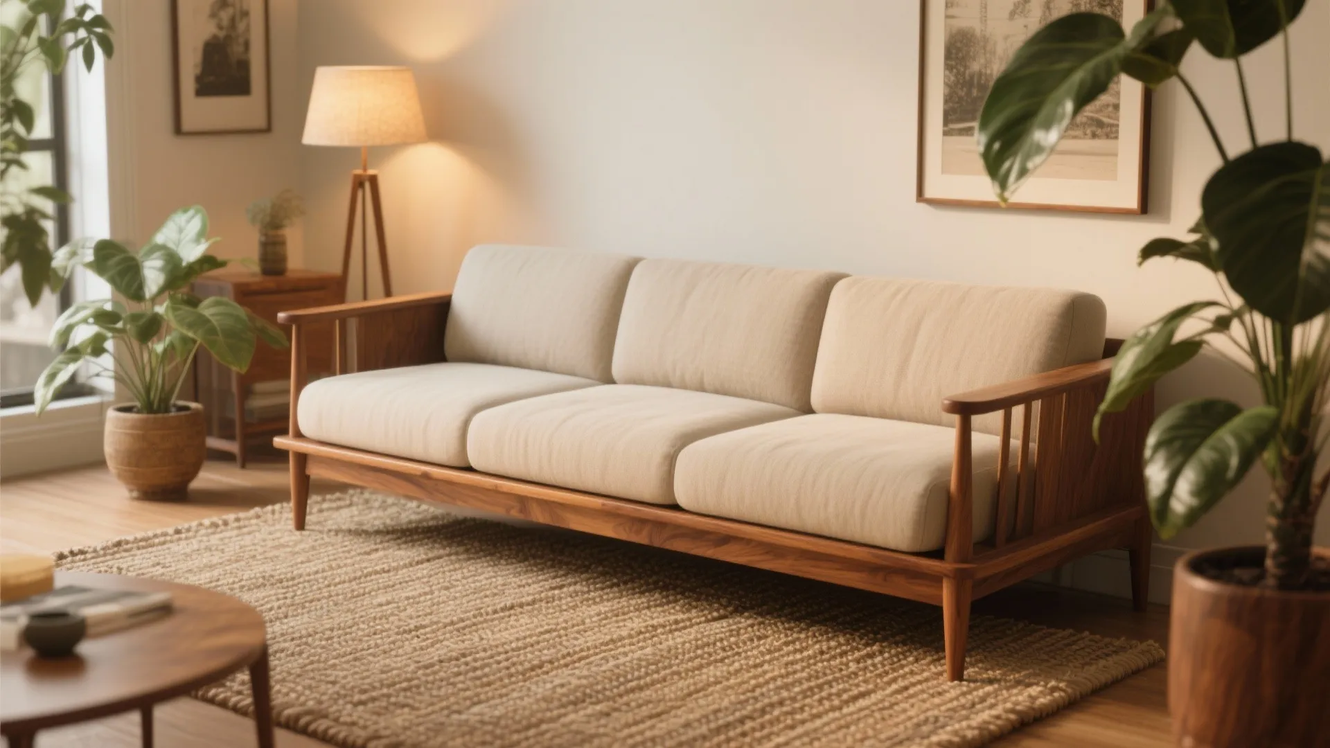 Retro style wooden sofa with beige cushions placed on a textured rug near indoor green plants