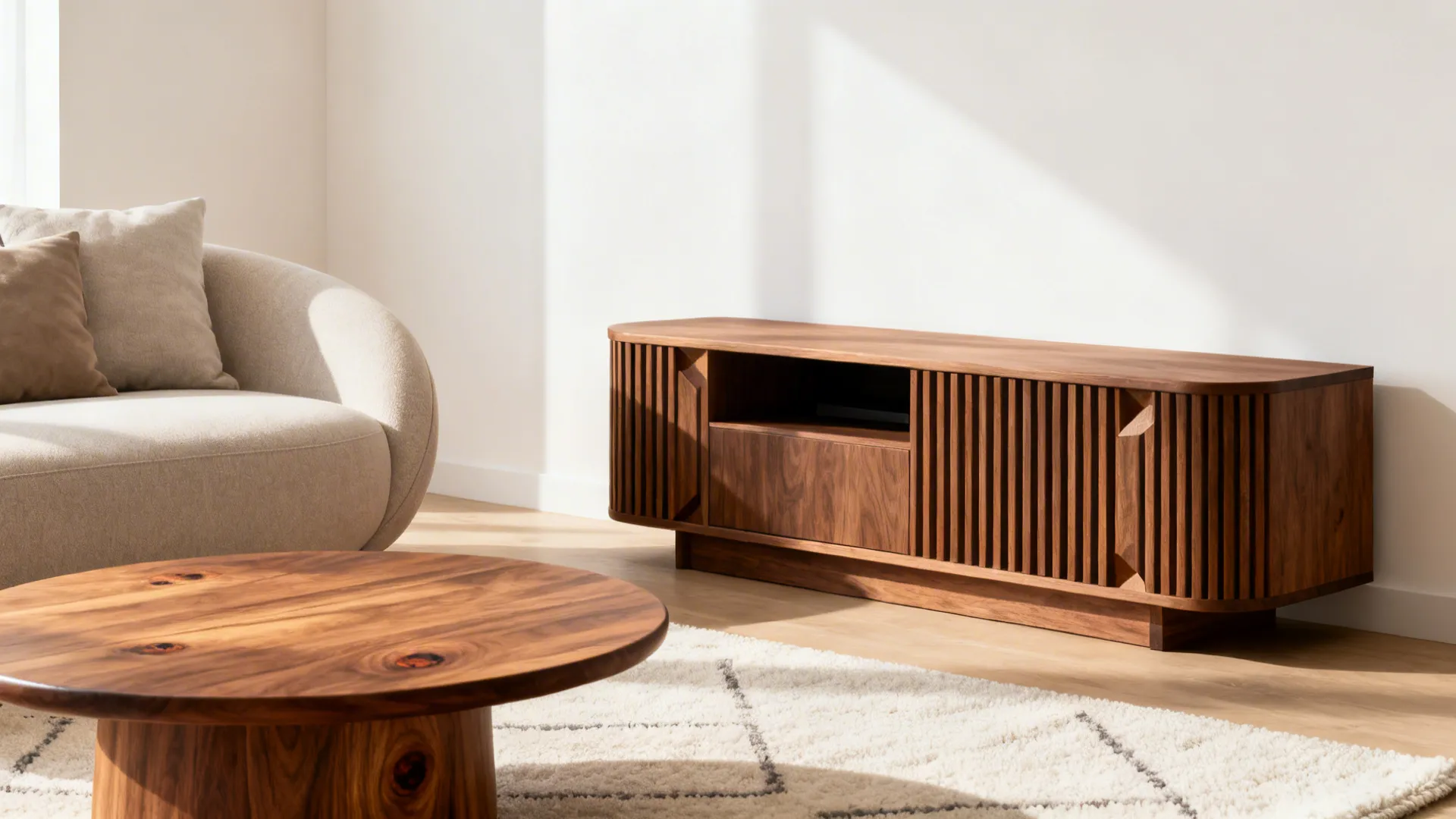 1. Embrace warm wood tones and rounded silhouettes