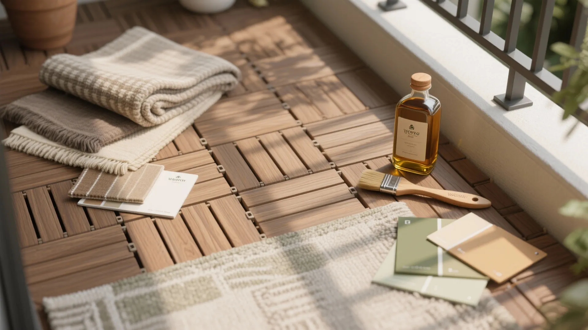 Wooden balcony tiles with a bottle of wood finish and a brush near fabric samples