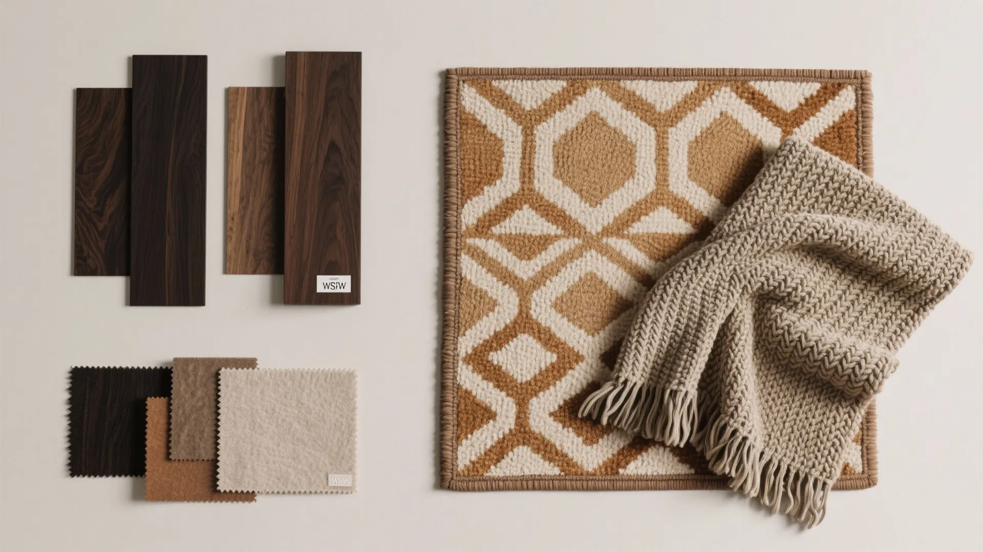 Interior design materials including wood planks fabric swatches patterned rug and a soft knitted blanket