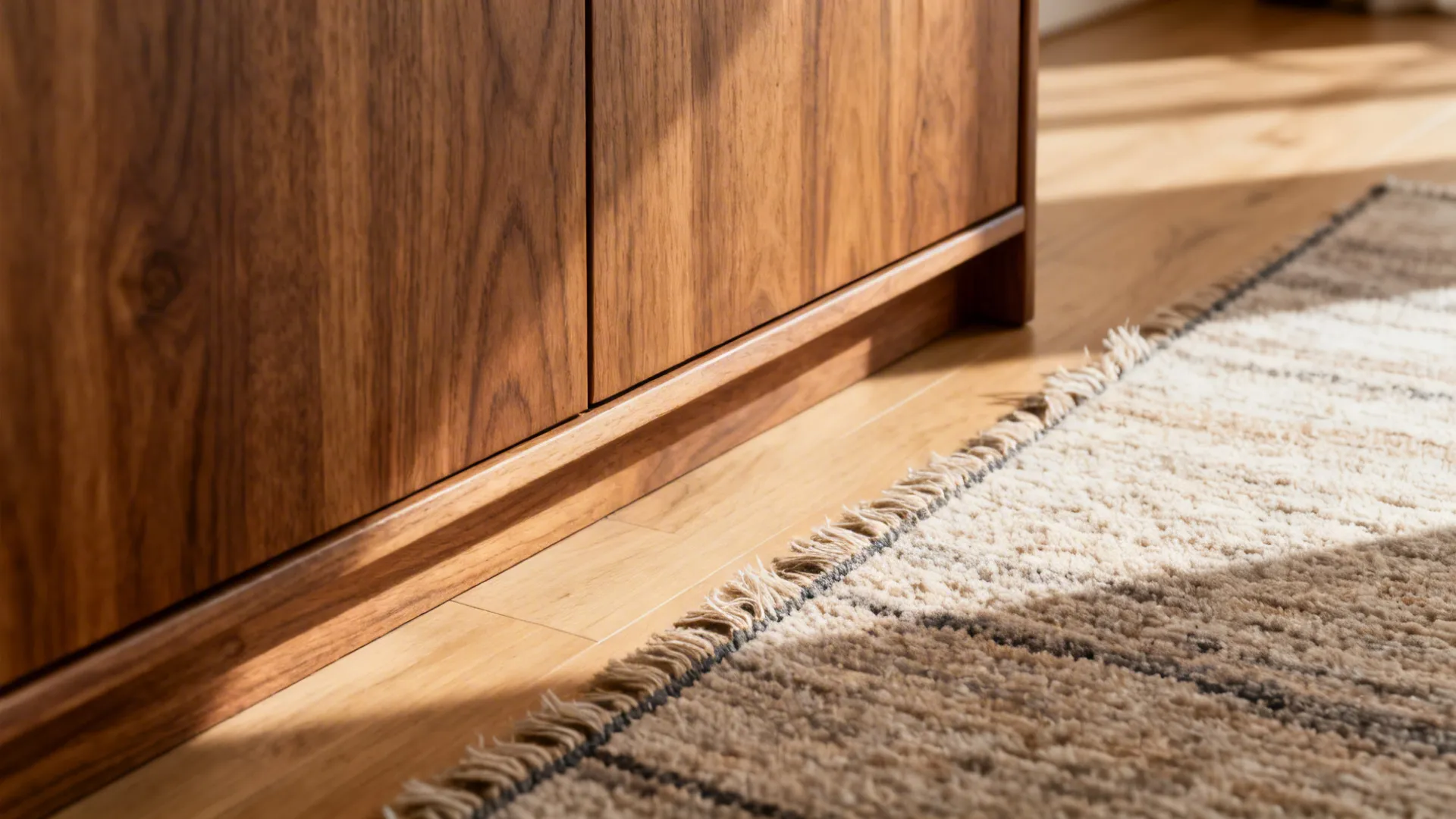 Macro of oak cabinet and low-pile rug edge showing texture and tone match.