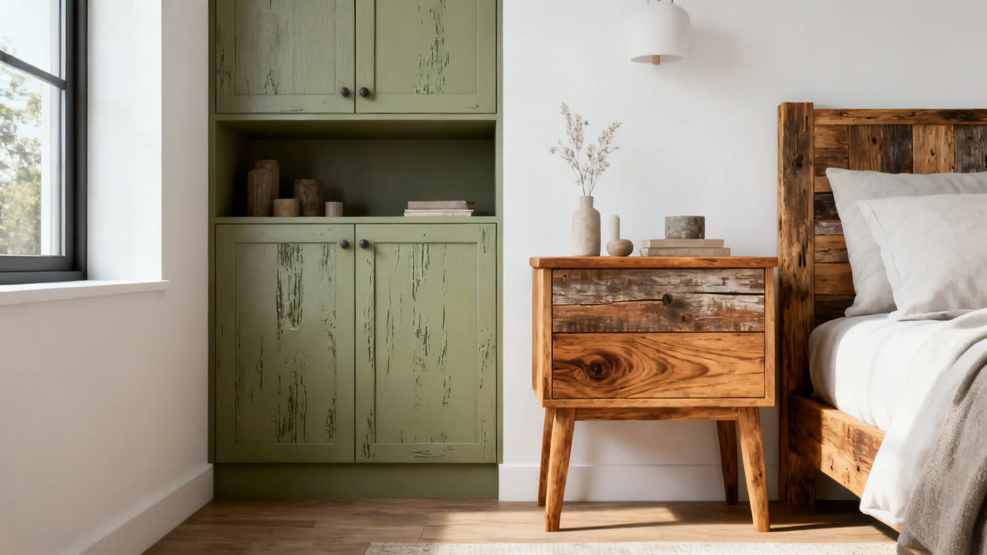Guest room with reclaimed wood bedside table, sage built-in cabinets, and white walls creating warmth.