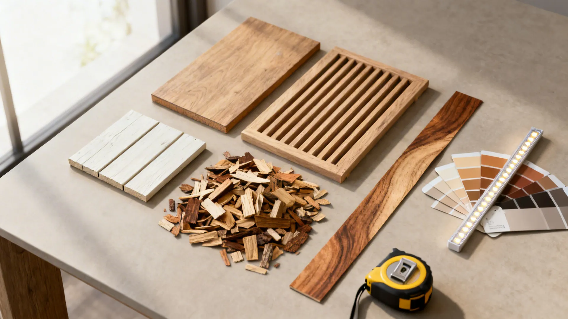 Flatlay of wood samples, paint swatches and tools for planning an accent wall.