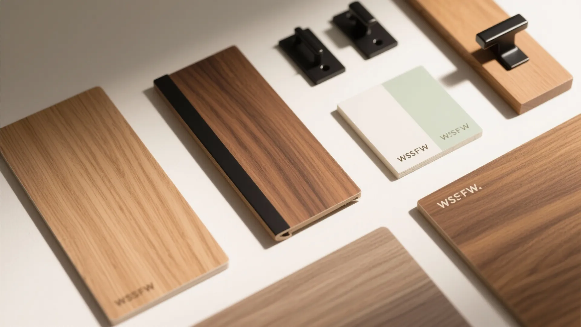 Collection of wood floor samples and black cabinet handles arranged neatly on a white background