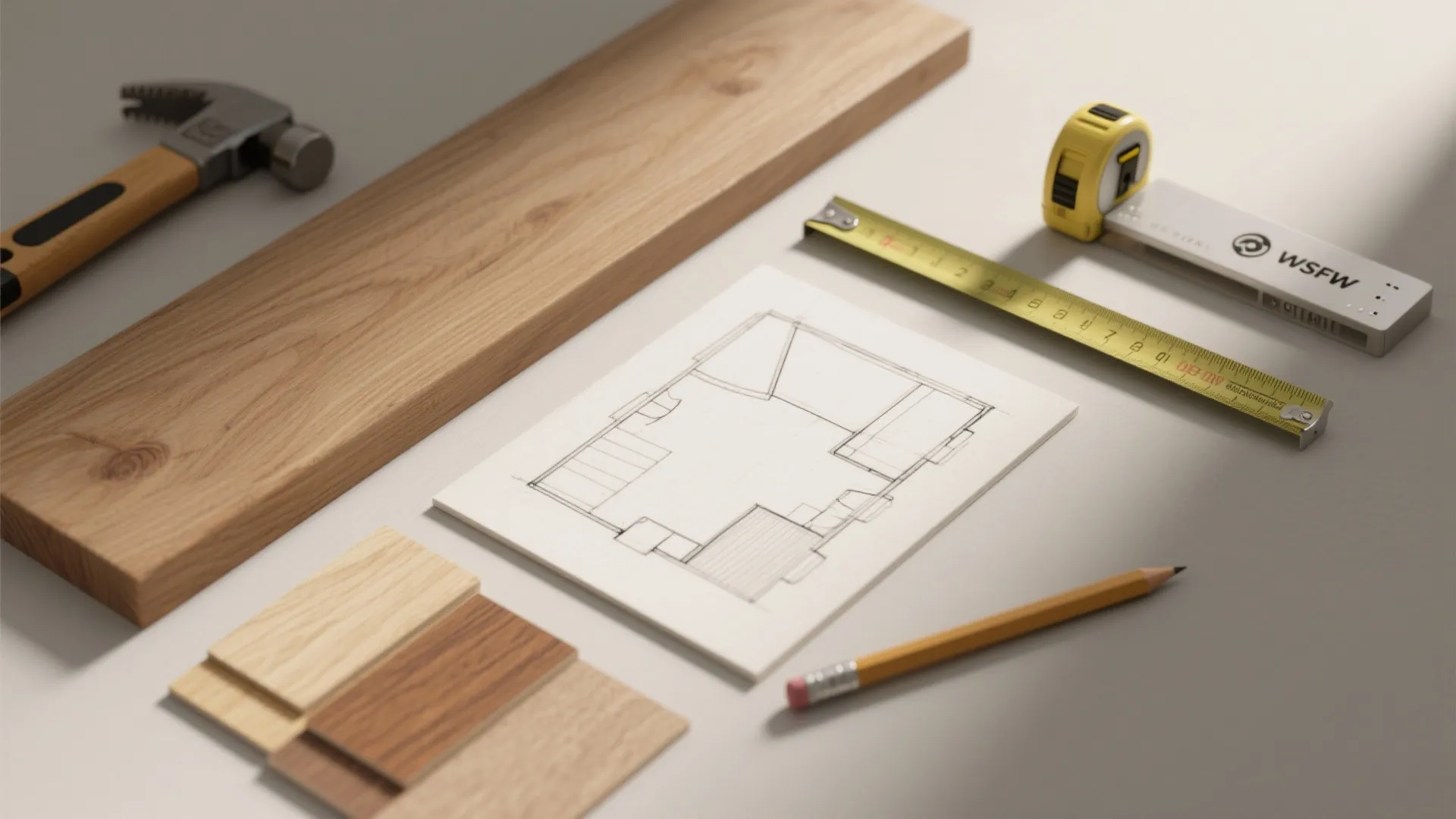 Interior design drawing with wood samples hammer tape measure and pencil on a white desk