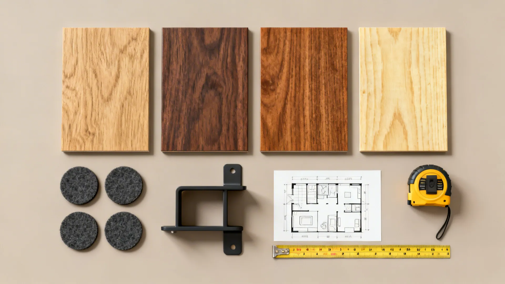 Top-down flatlay of wood samples, felt pads, bracket, measuring tape and floorplan sketch for side table planning