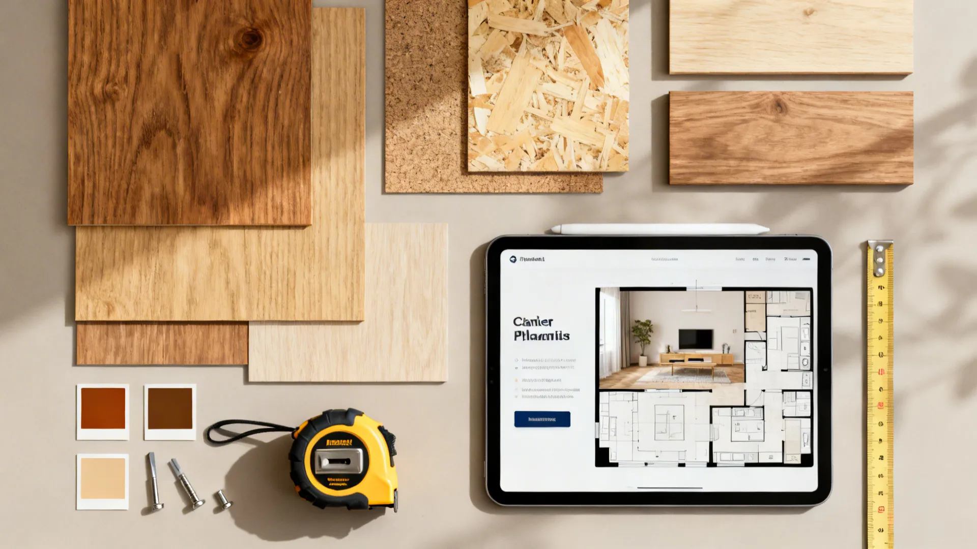 Flatlay of wood samples, stain chips and a room planner tablet for wall decisions