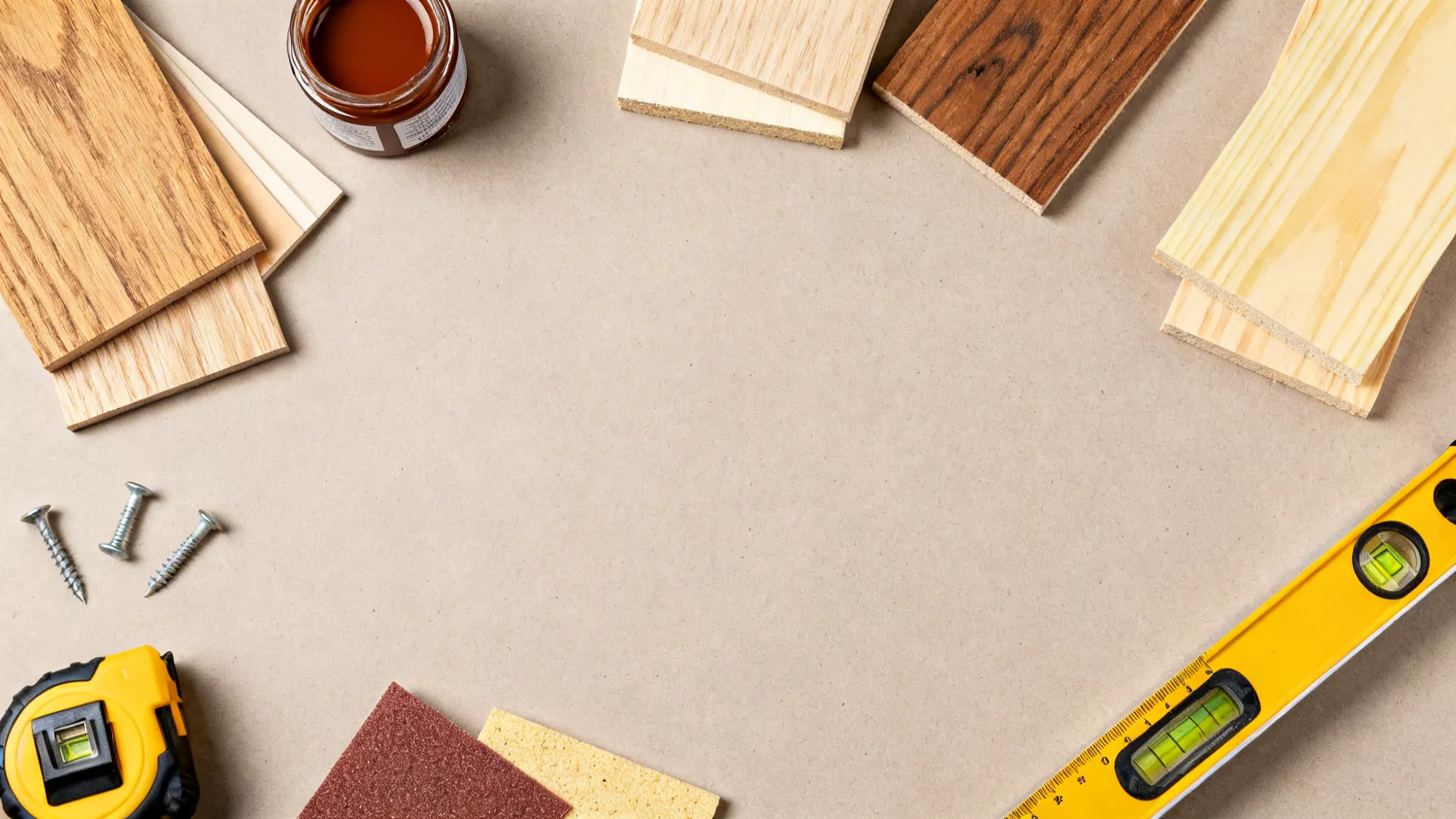 Top-down flatlay of wood samples, stains, and framing tools for DIY wooden wall frames.