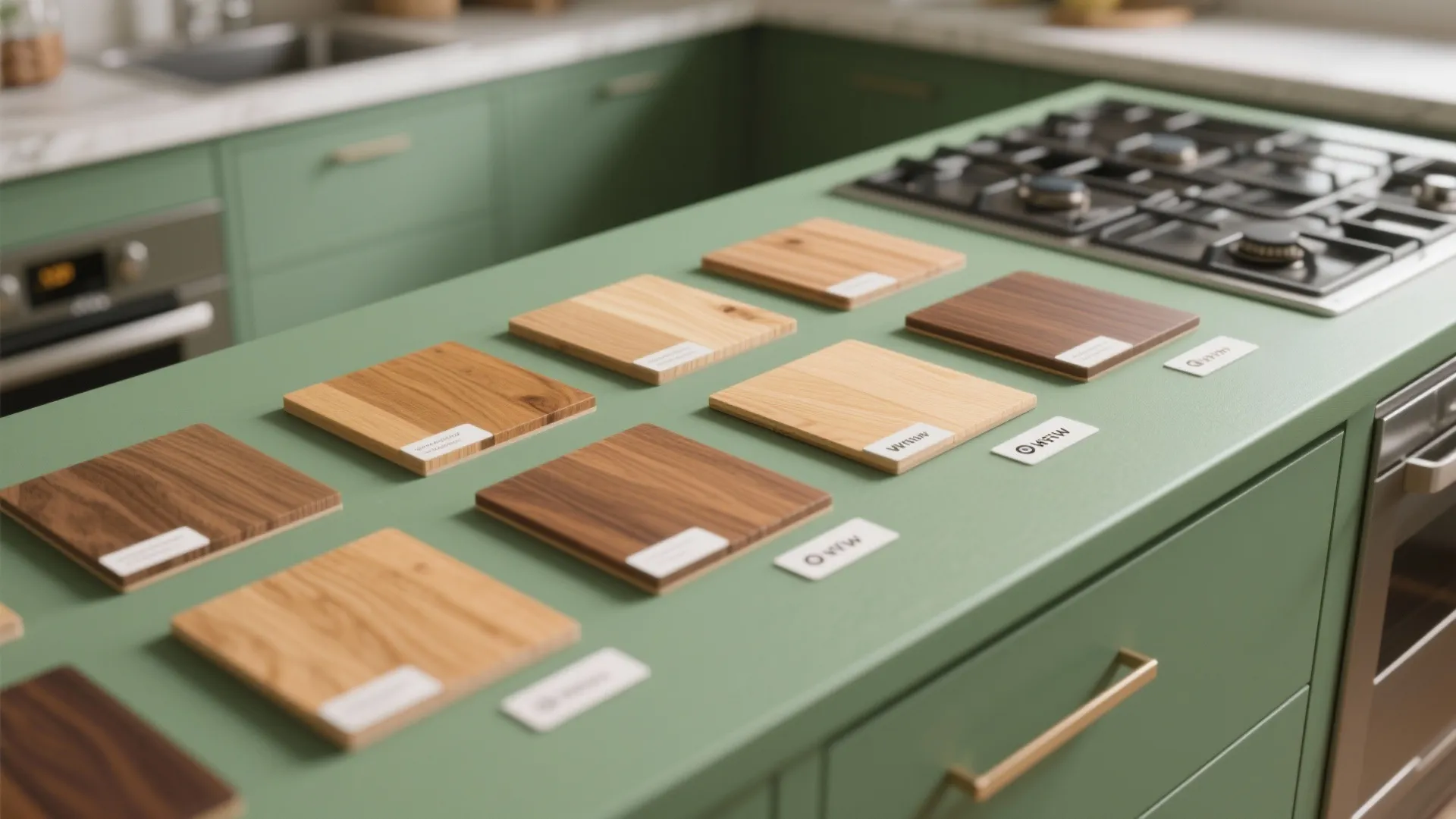 Wood samples of oak, maple and walnut on a green surface showing contrast and finishes.
