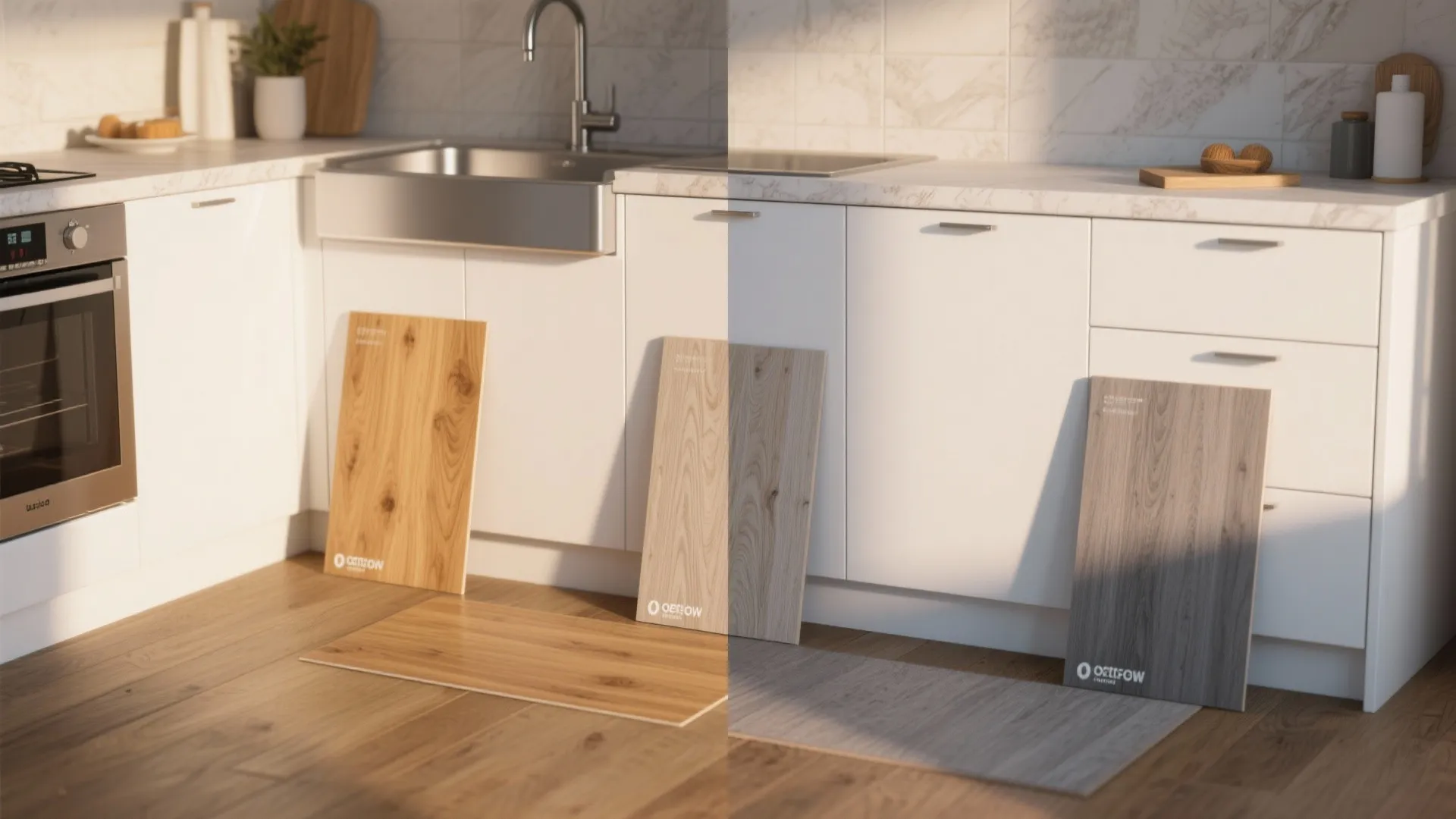 1. Warm wood tone with cool white for balanced contrast