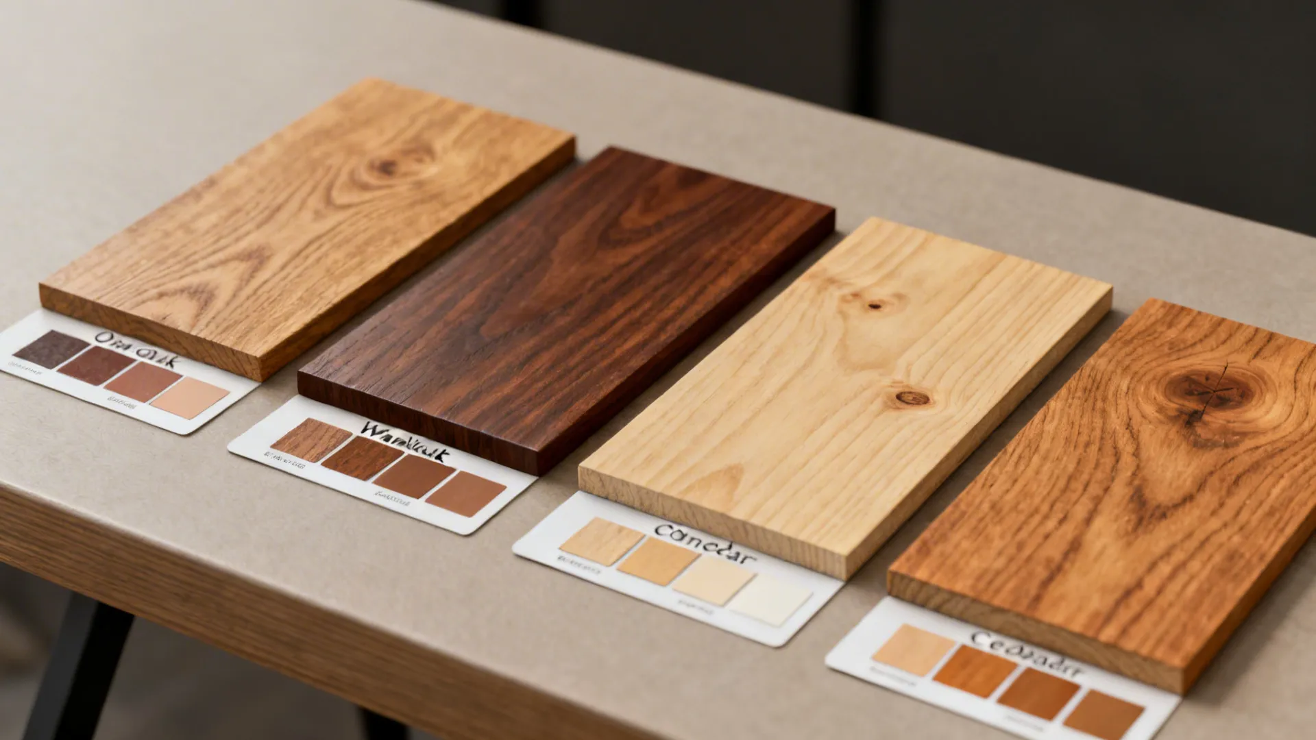 Macro view of oak, walnut, pine and cedar wood grain samples and swatches