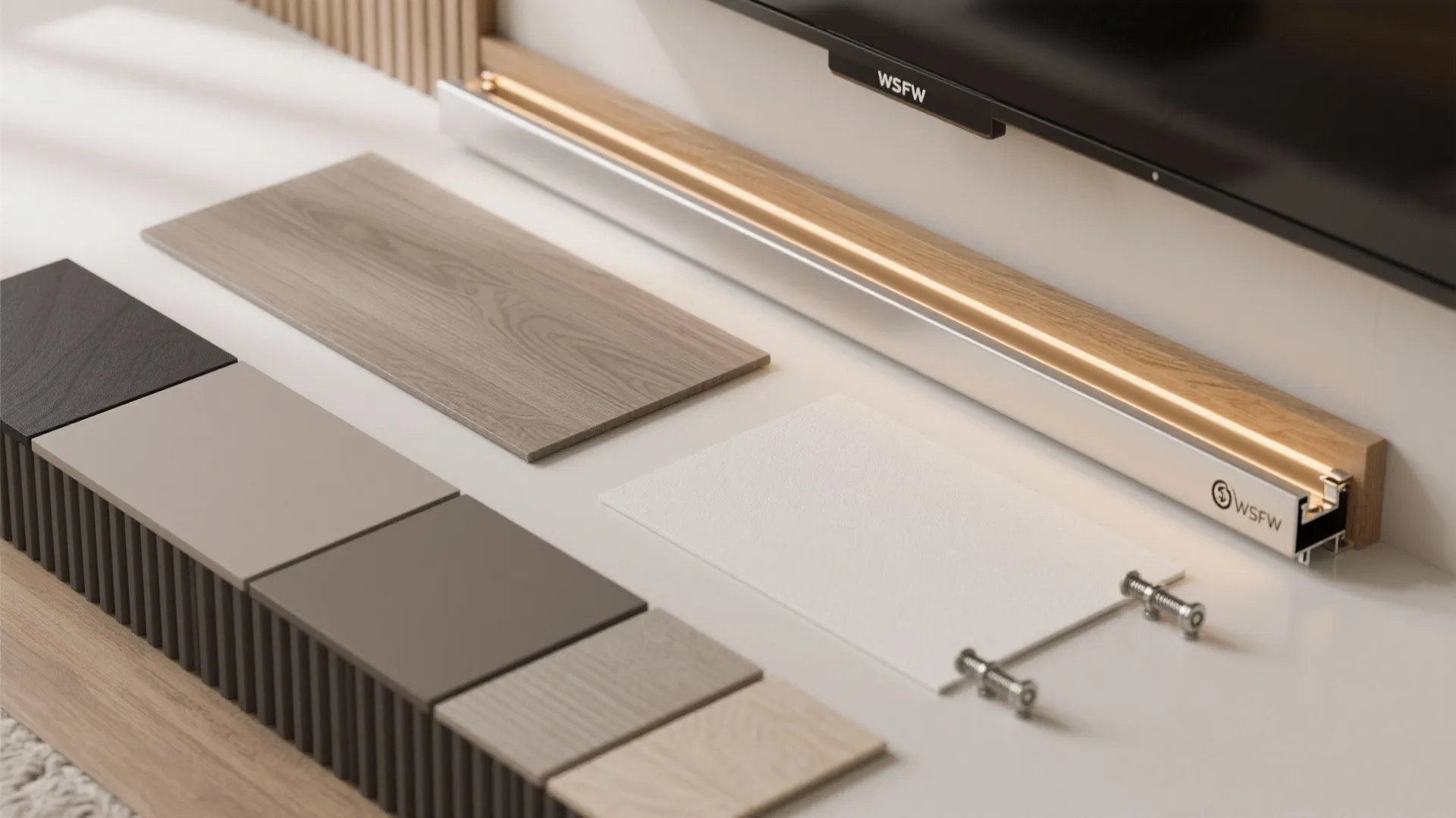 Interior design material samples with wood pieces wall panel tiles and a small light fixture