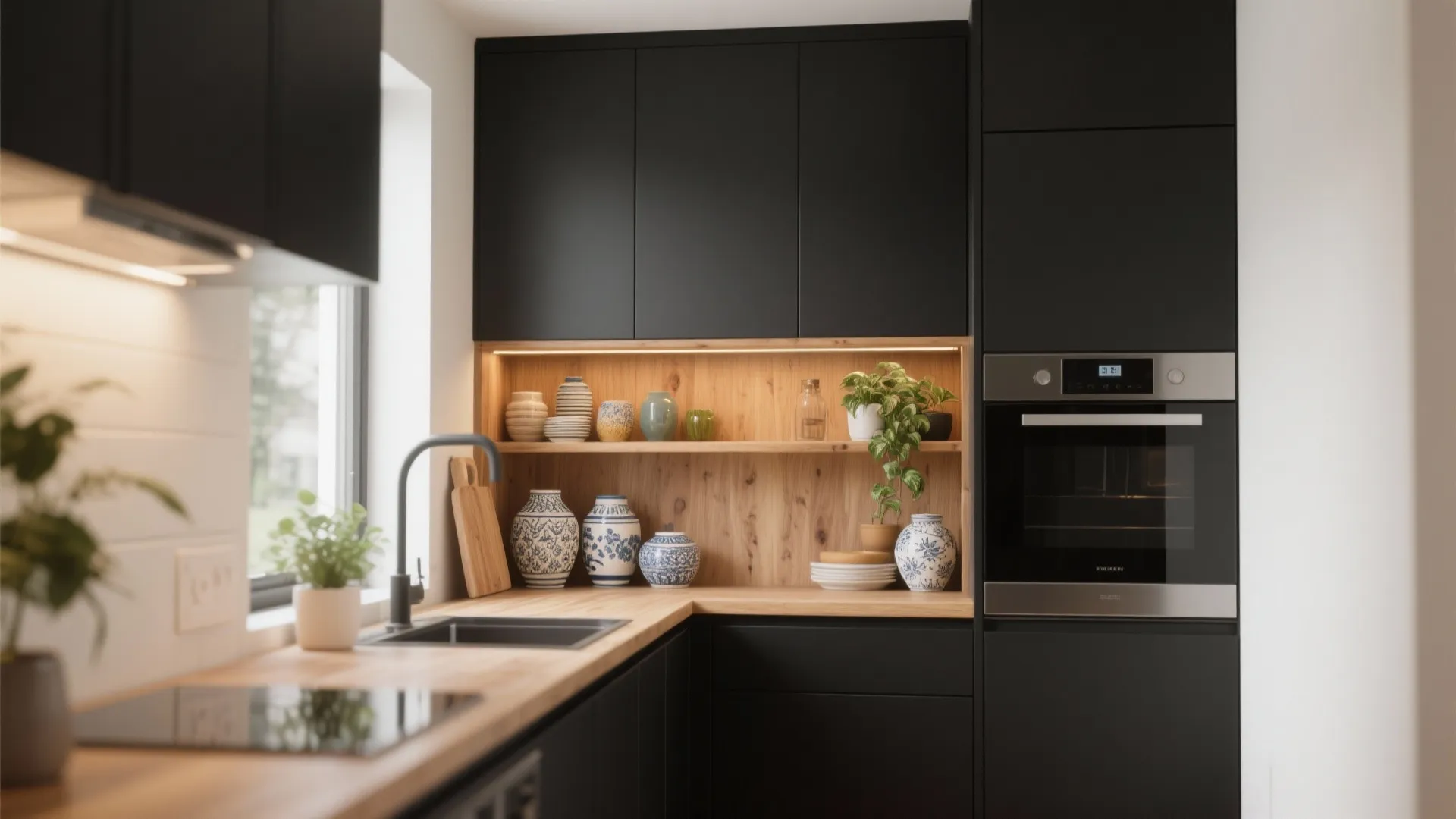 Modern black kitchen with wooden open shelves displaying decorative ceramic jars plants and built in oven