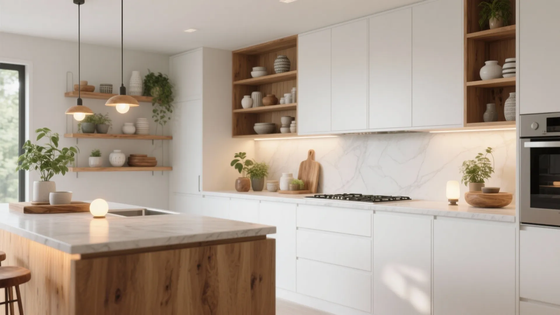 1. Contrast with warmth: wood accents and open shelving