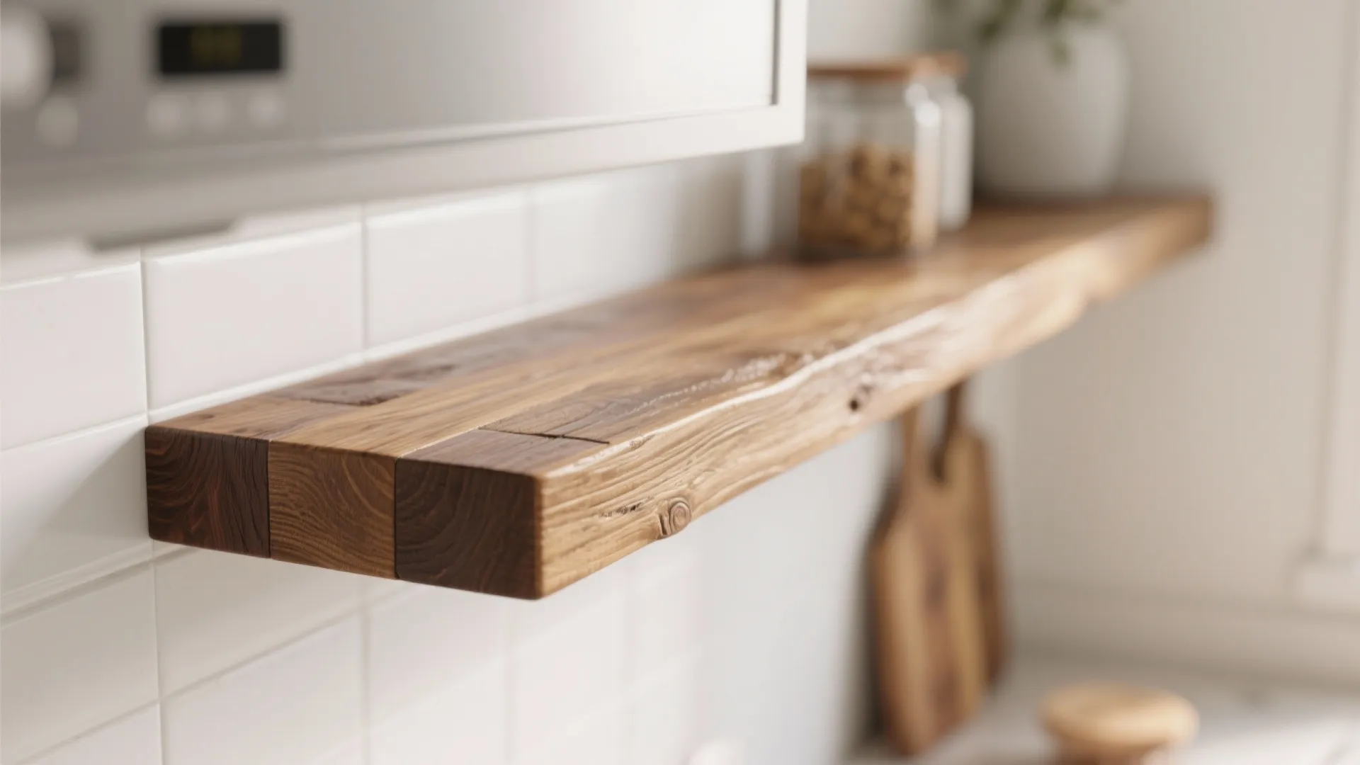 Close-up of a thick natural wood shelf on a white tile wall in a kitchen