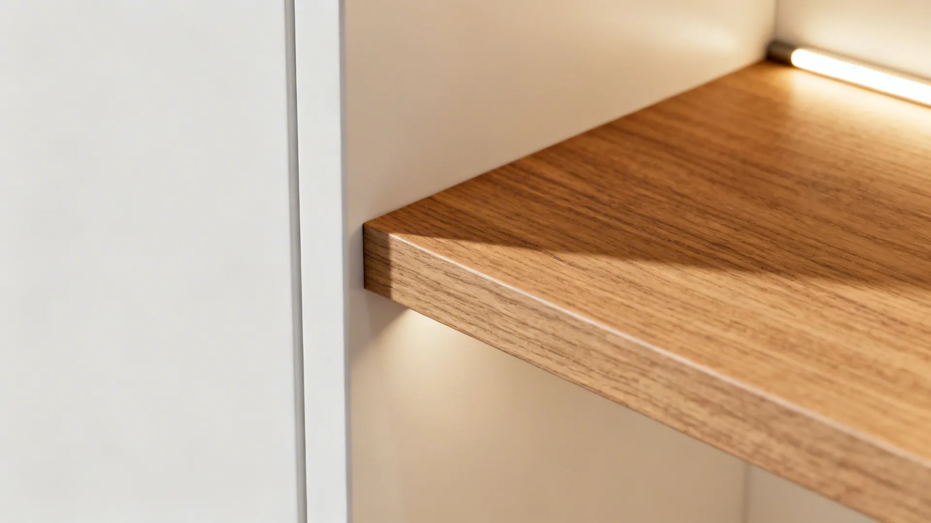 Close-up of an oak laminate open shelf framed by matte white cabinets with warm LED glow.