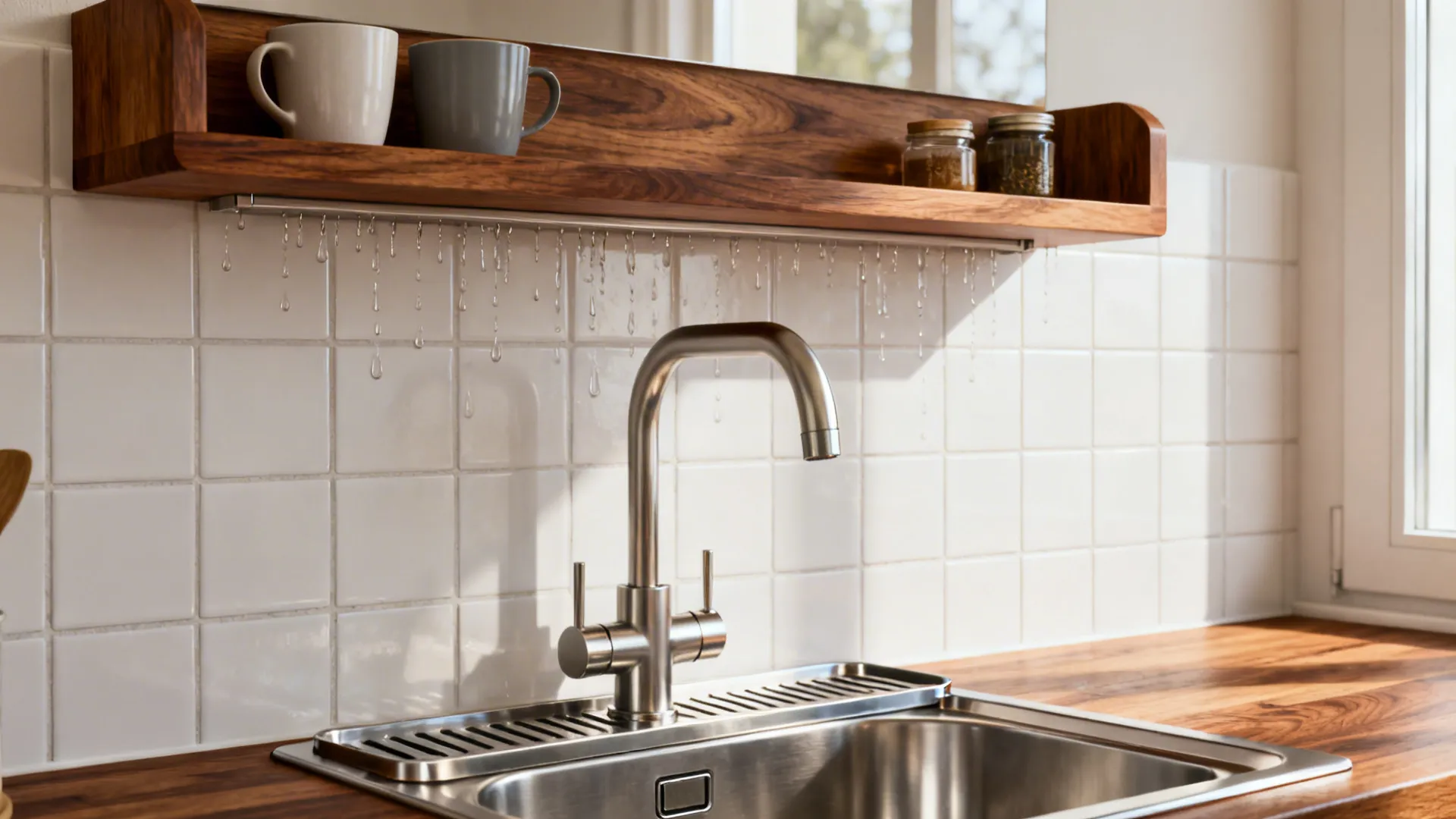 Oak over-sink shelf with a hidden stainless drip tray beneath for drying cups.