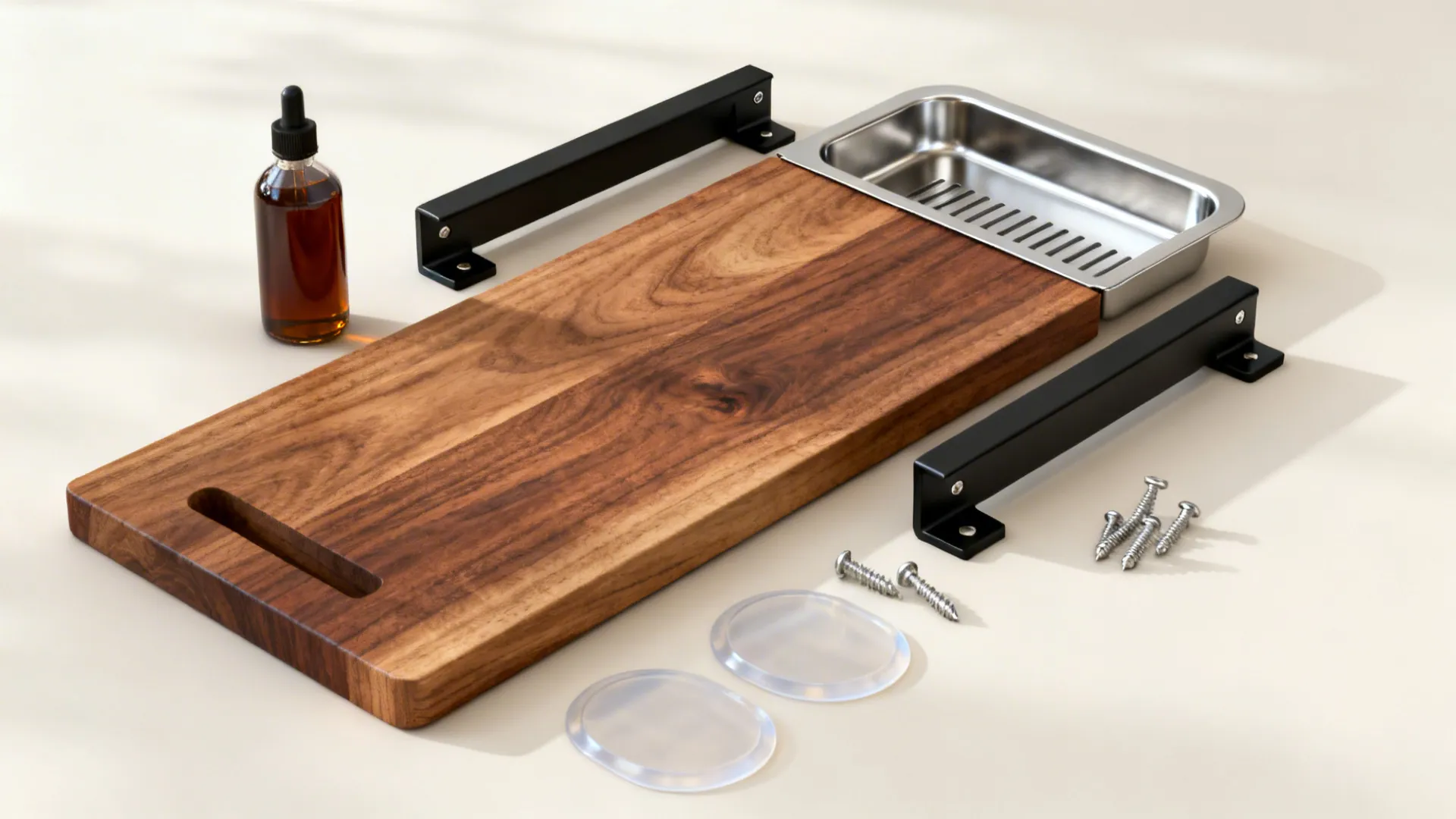 Flat lay of oak plank, stainless drip tray, brackets, oil finish, and pads for a shelf.