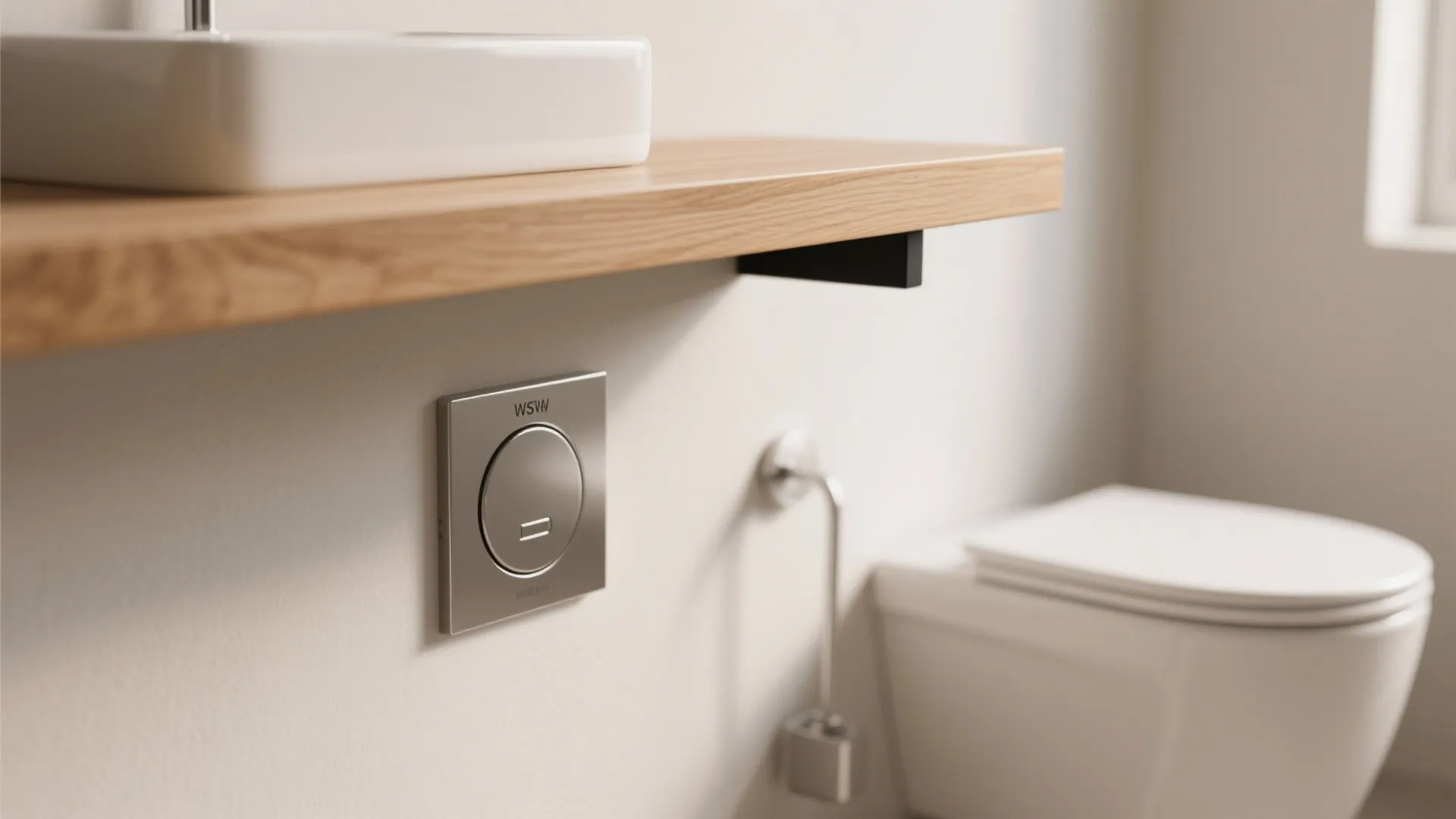 Macro of an oak shelf above a flush plate with satin-white ceramic and warm low-glare lighting in a small bathroom.