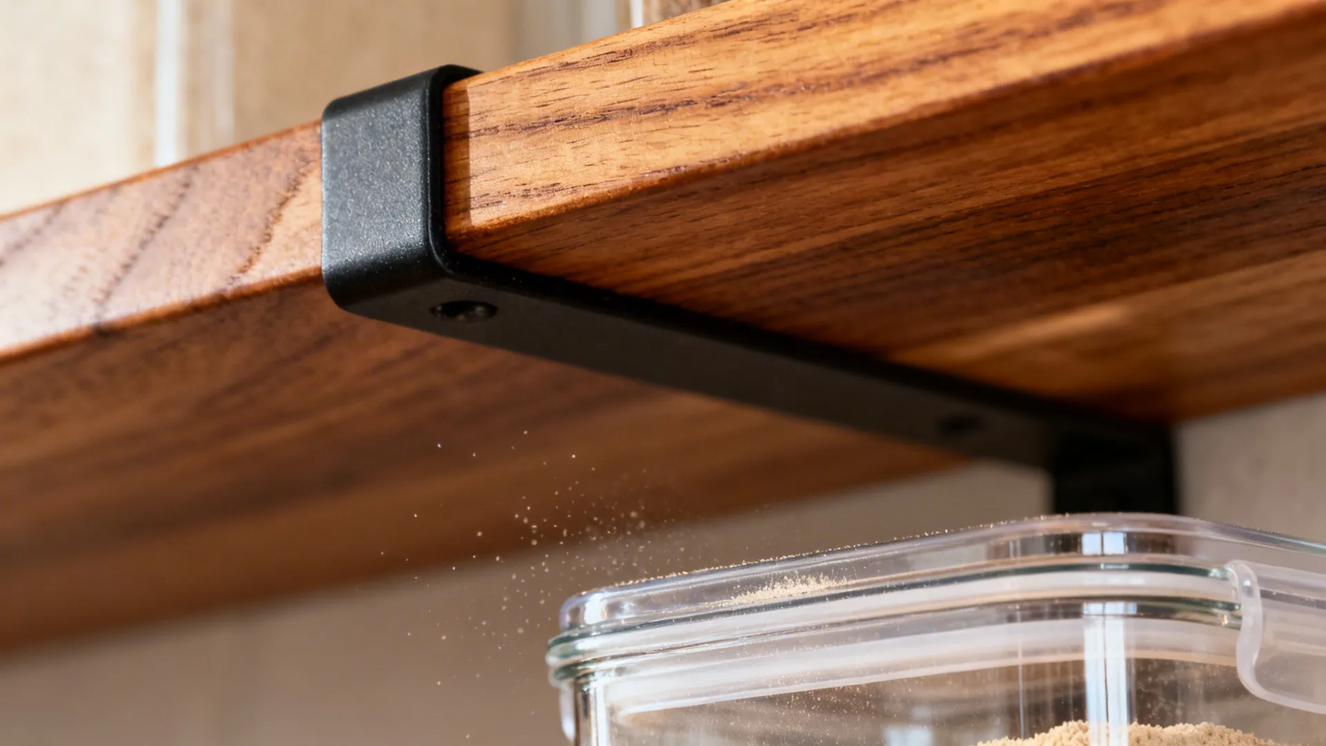 Warm wood shelving with labeled containers