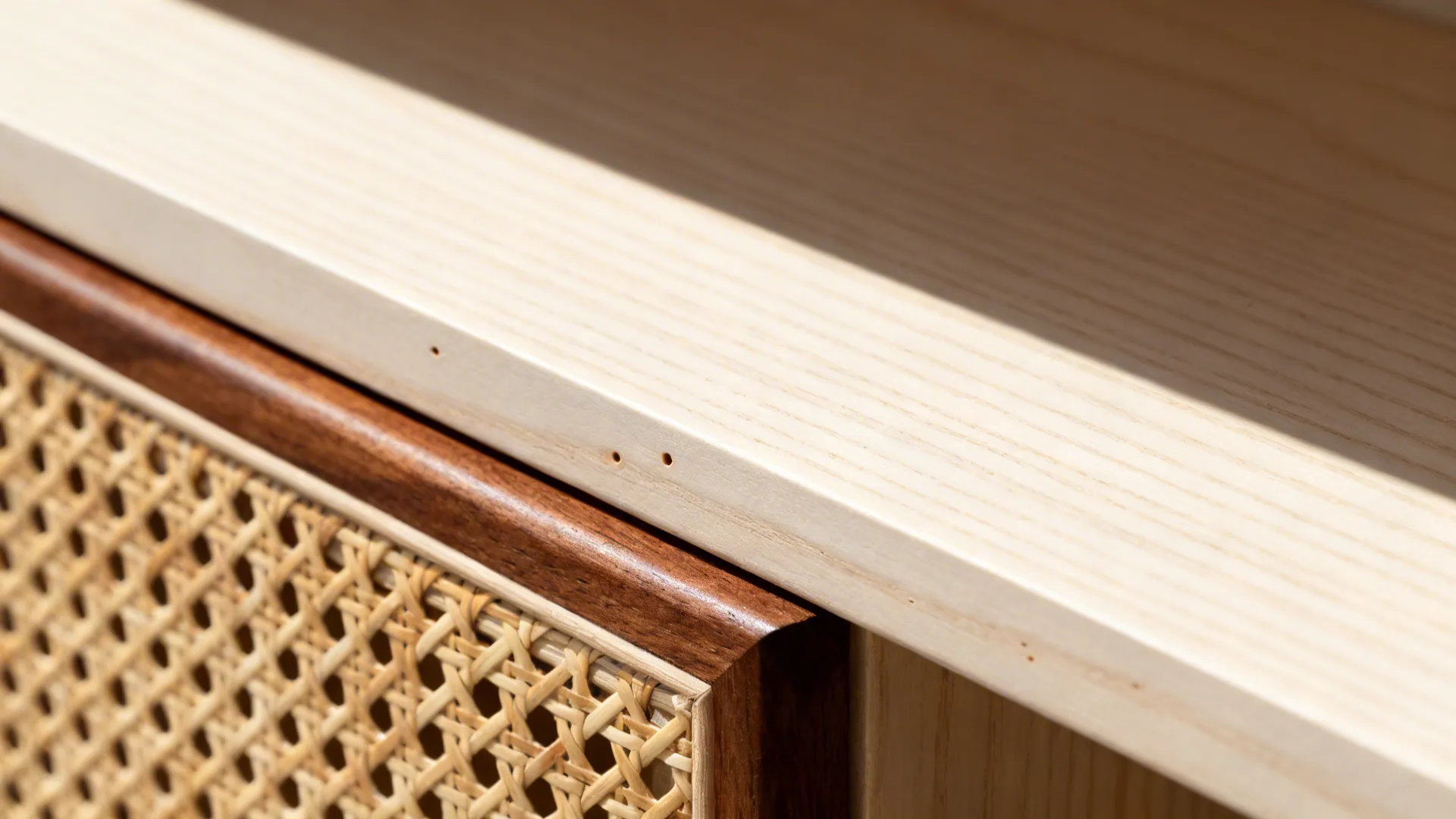 Macro of a thin white oak shelf with walnut trim and cane texture detail.