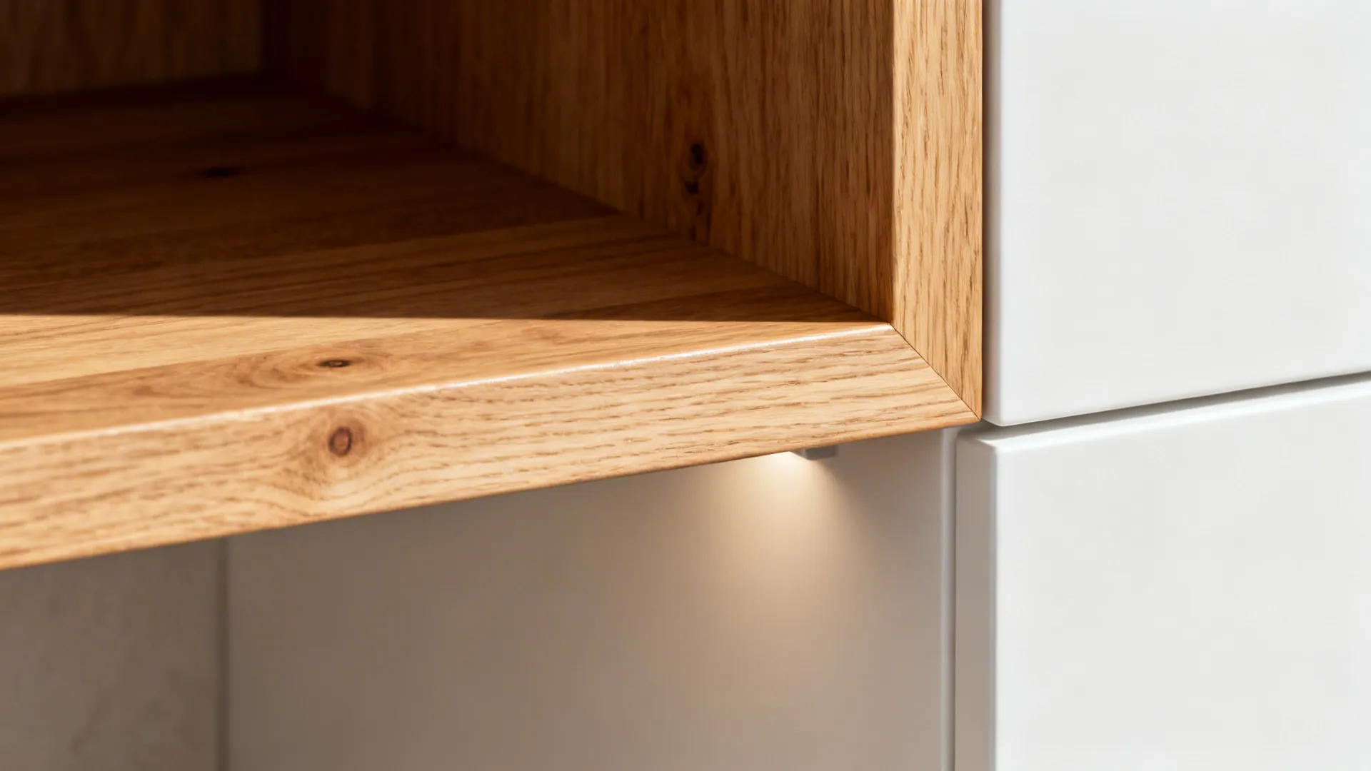 Close-up of an oak open shelf with fine grain beside a matte white cabinet.