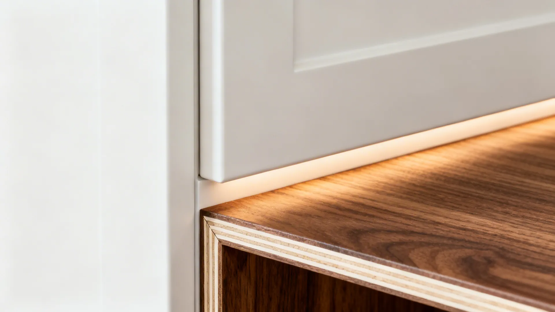 Macro of walnut shelf and oak edge banding with low-sheen finish in soft warm light.