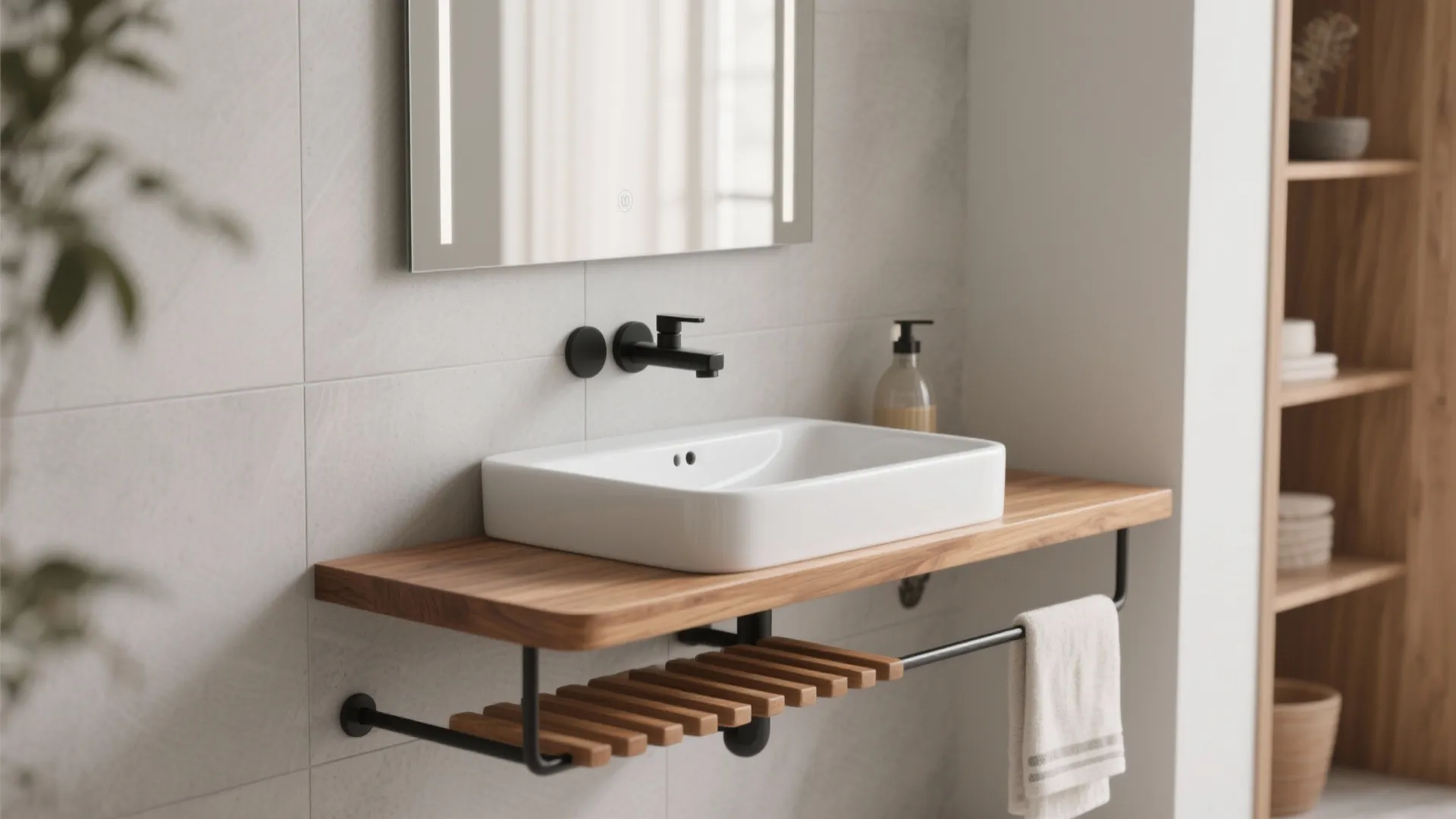Warm Wood Accents Under a Floating Basin