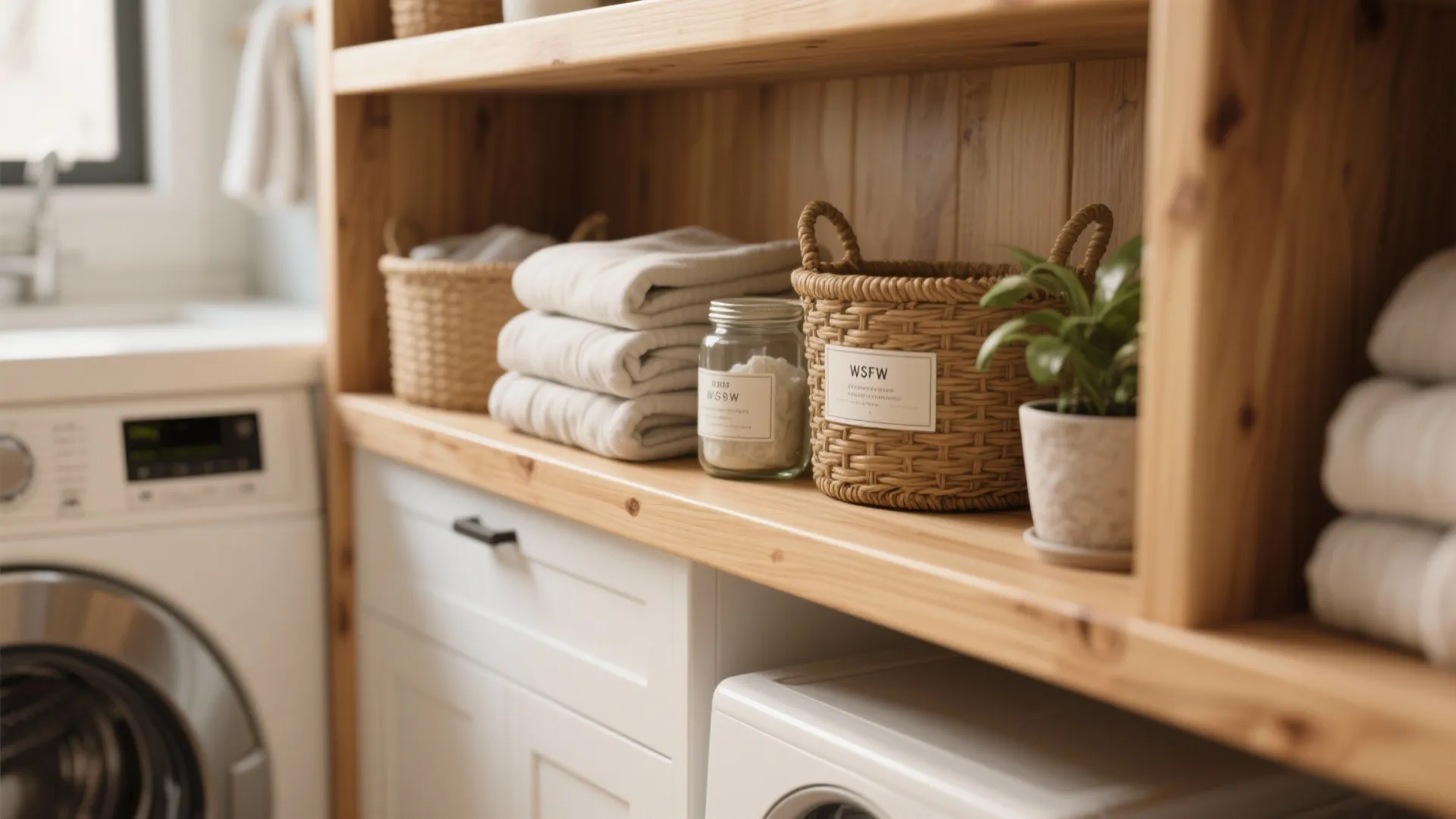 Close up of wooden shelves with folded towels woven baskets small plant and washing machine