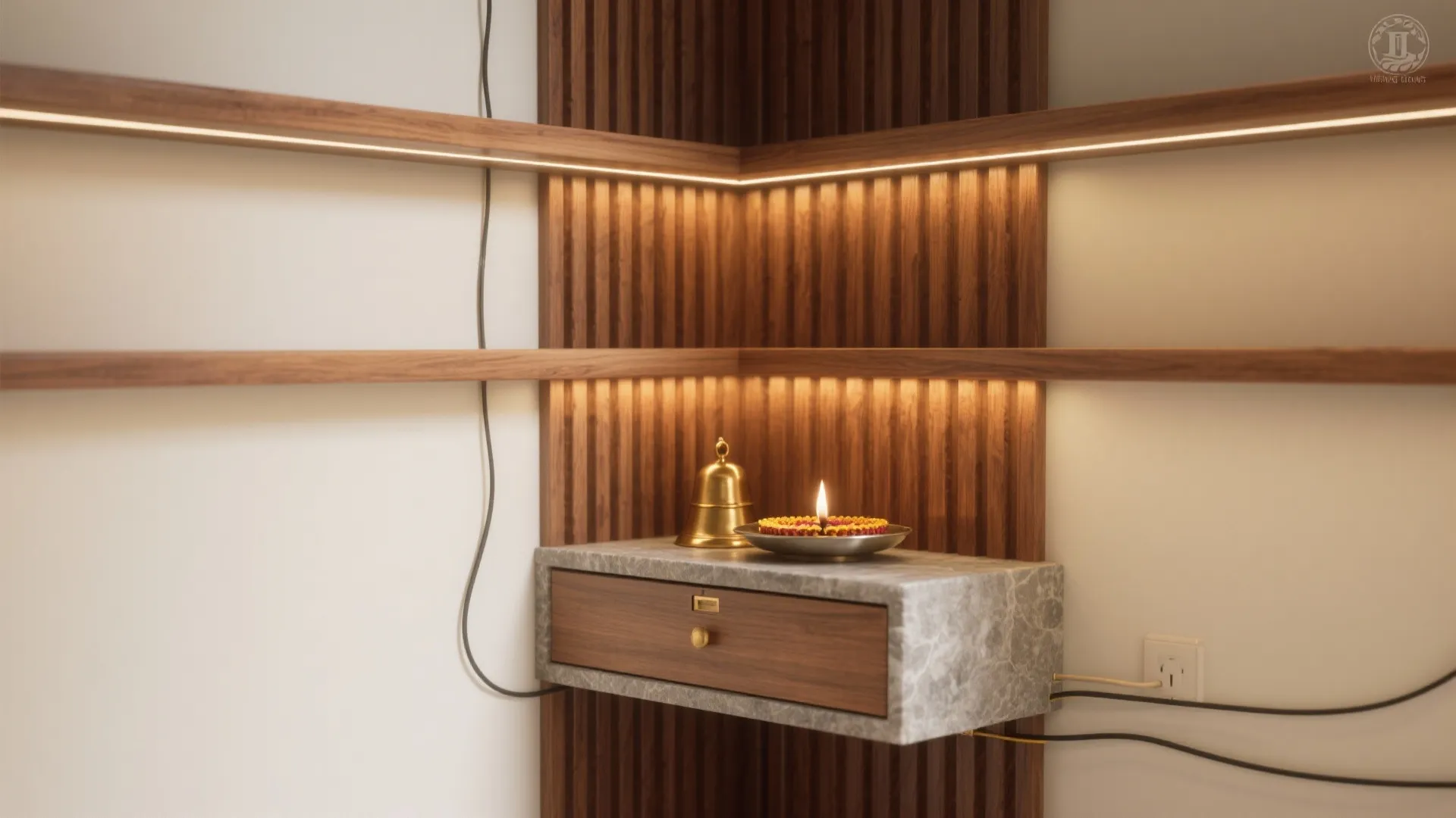 Warm Wood Panels and Floating Shelves