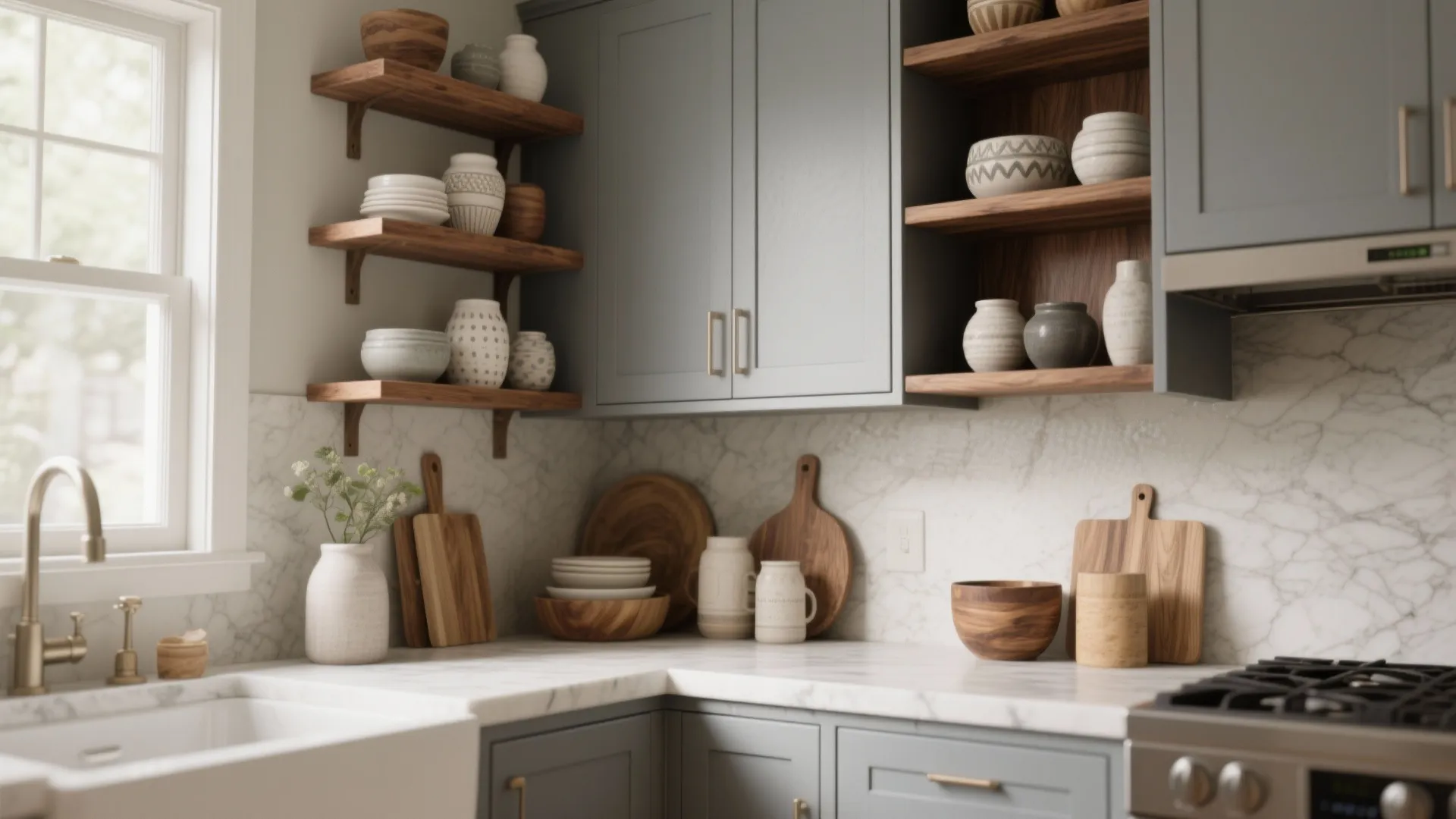 4. Warm woods and dove gray — a cozy combo