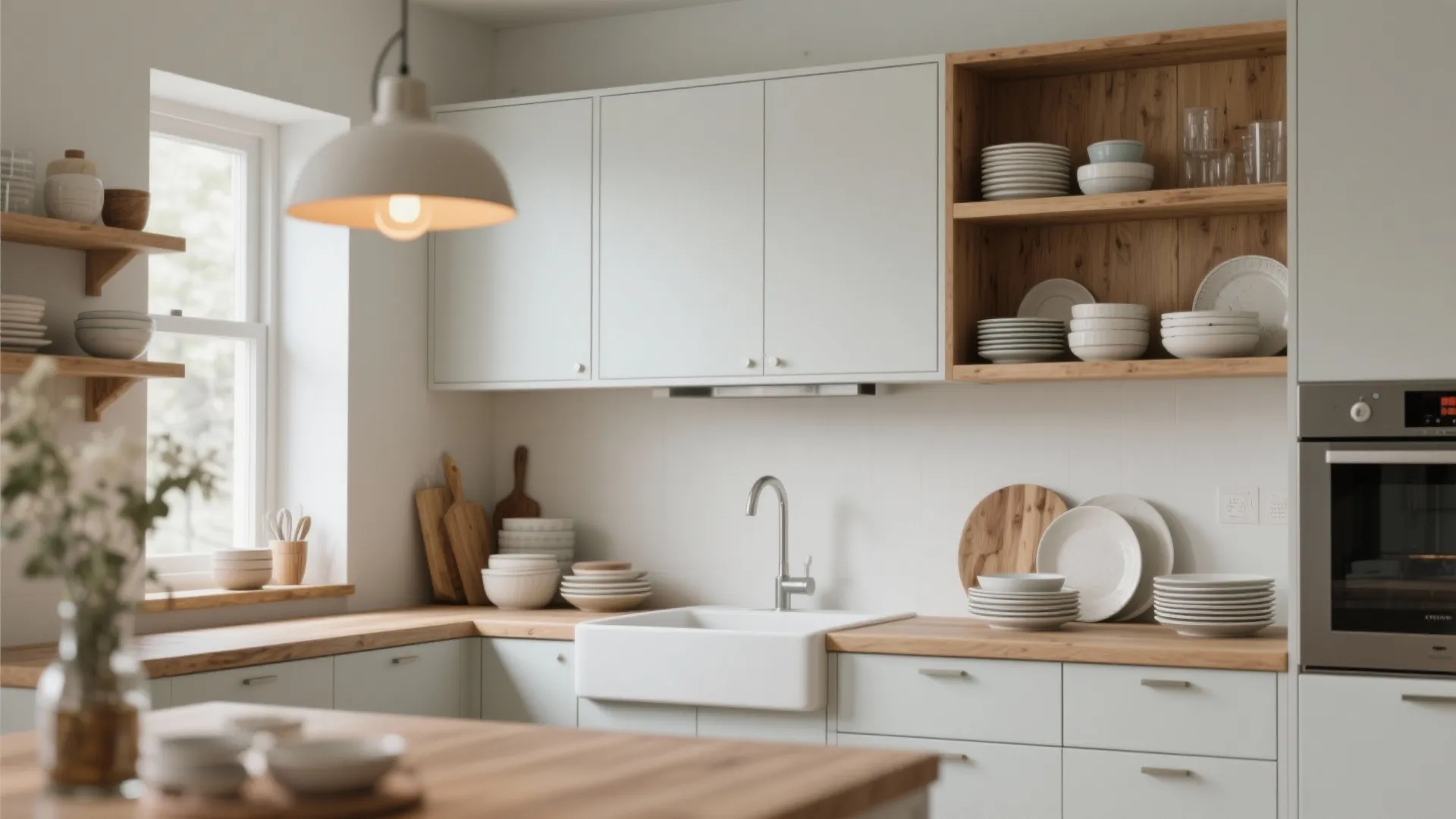 Bright minimal kitchen with white cabinets wooden countertop open shelves white sink and a ceiling light