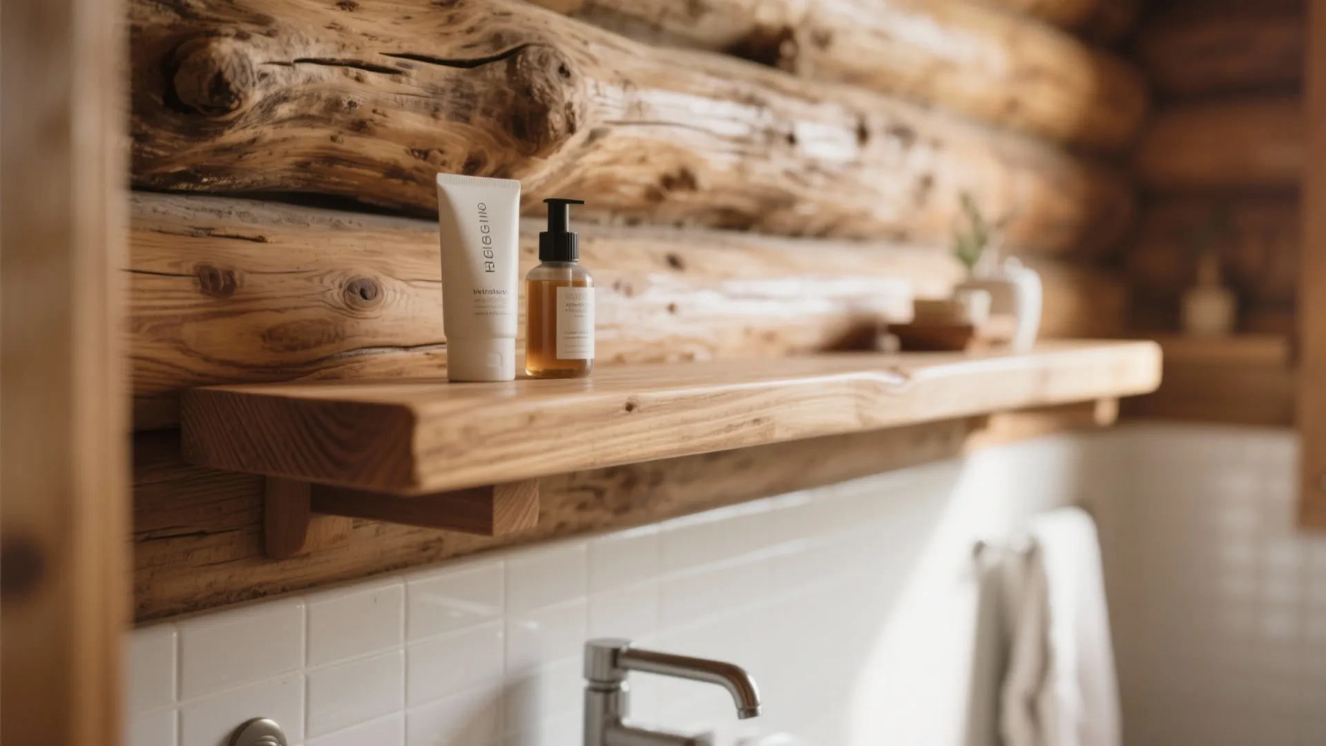 Close up of wooden shelf with soap bottles against rustic log wall in a natural bathroom