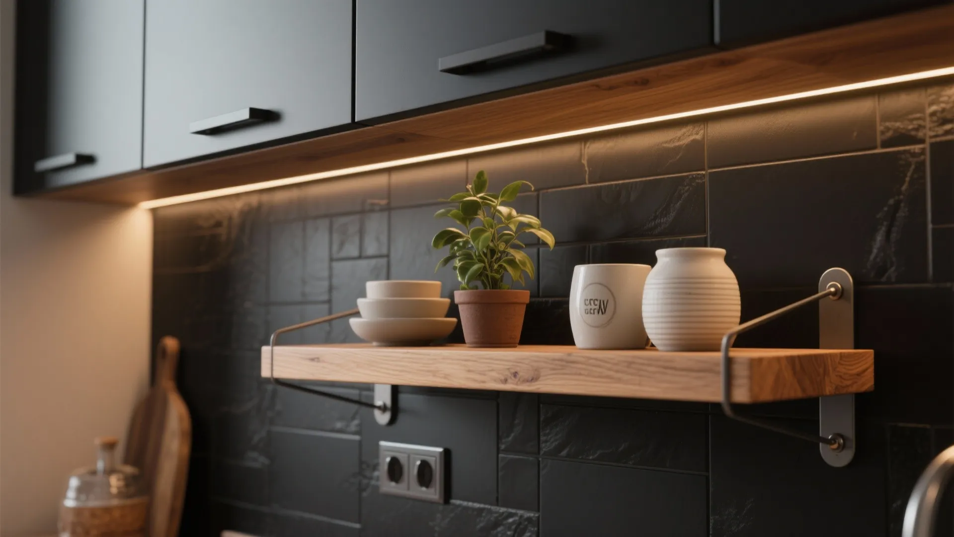 Wooden wall shelf with potted plant and white bowls against a textured black tile wall