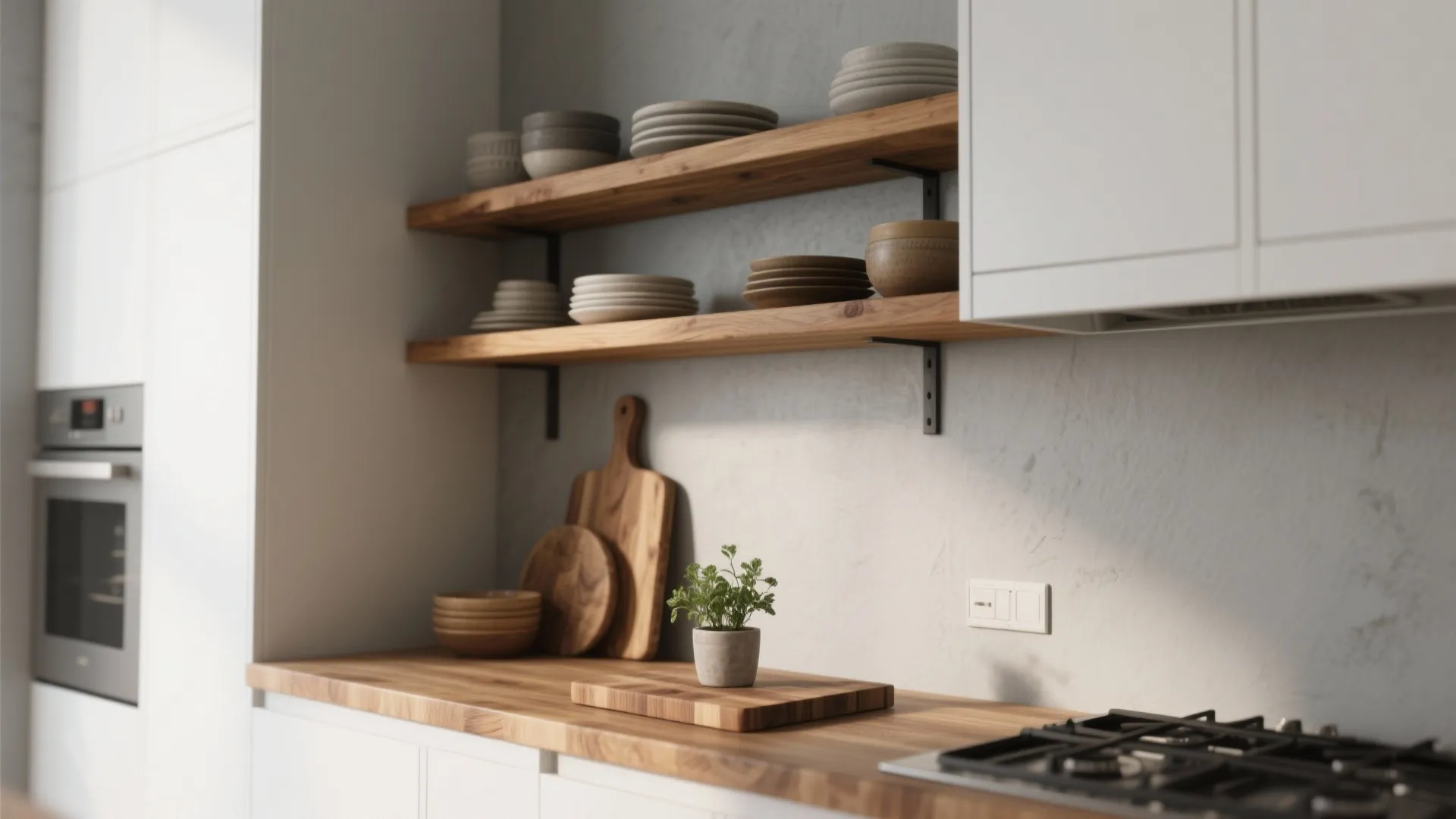 1. Warm wood accents to soften the contrast