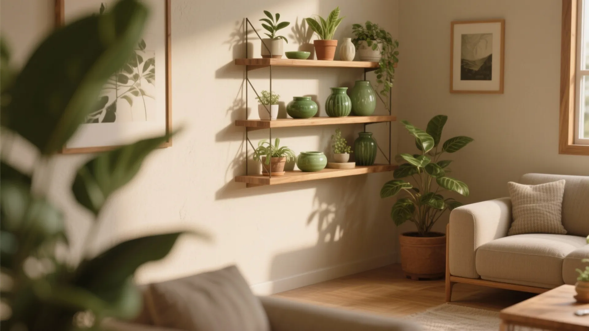9. Wooden Shelves with Green Accents