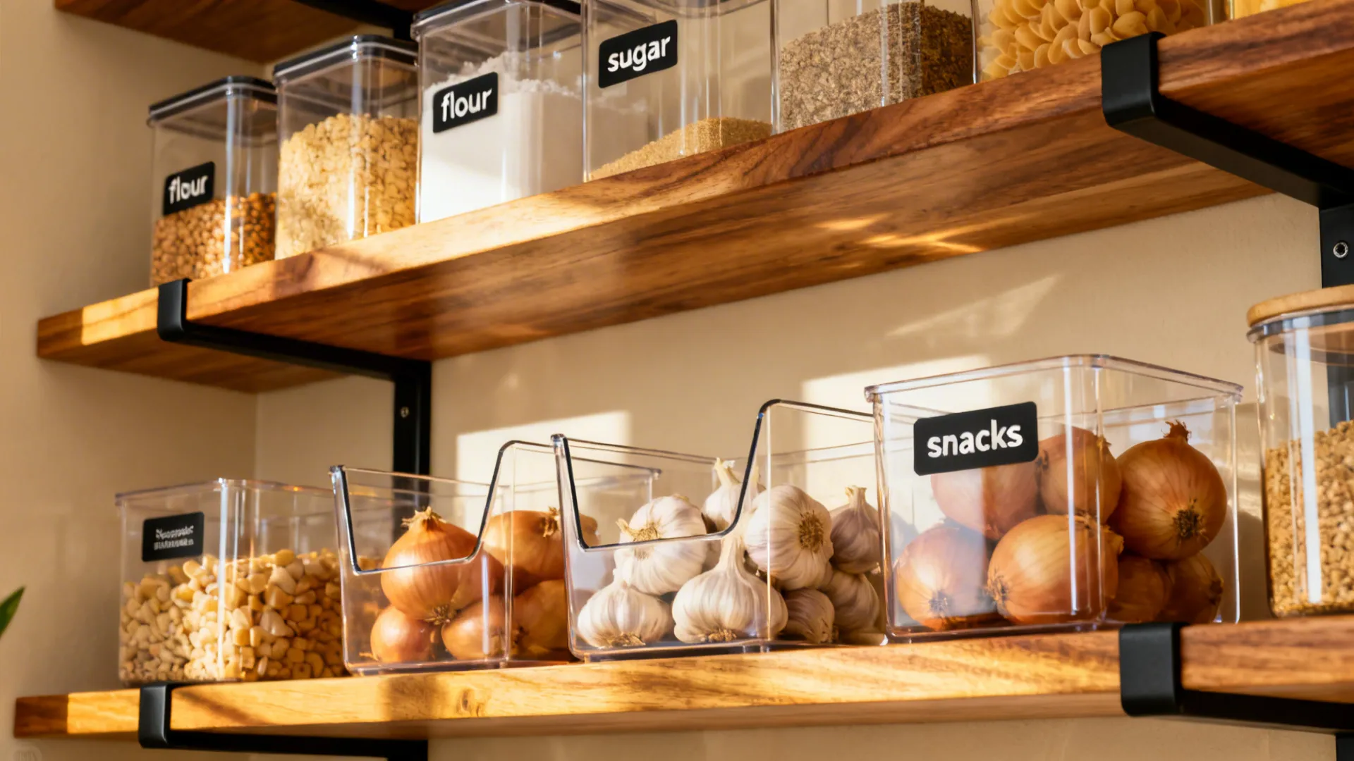 Warm wood shelving with labeled containers