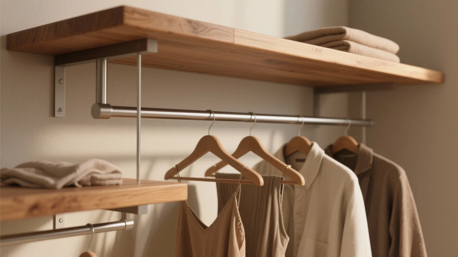 2. Warm Wood Shelves with Integrated Hanging Rod