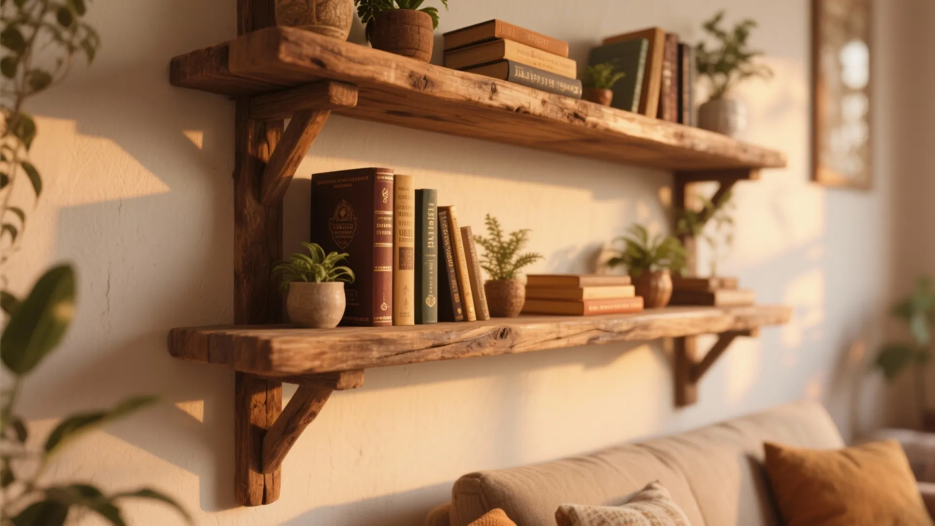 Two rustic wooden wall shelves holding vintage books and small green plants in a warm room