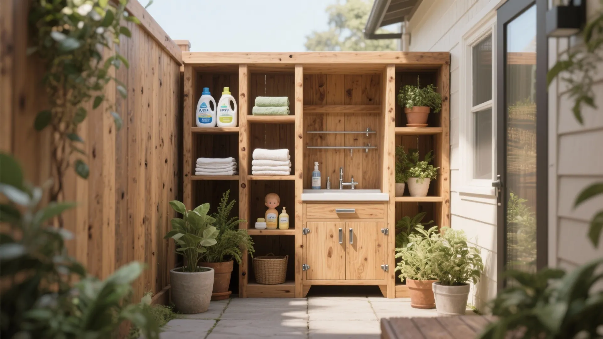 Outdoor wooden shelving unit with towels detergent sink and cabinet surrounded by various potted plants