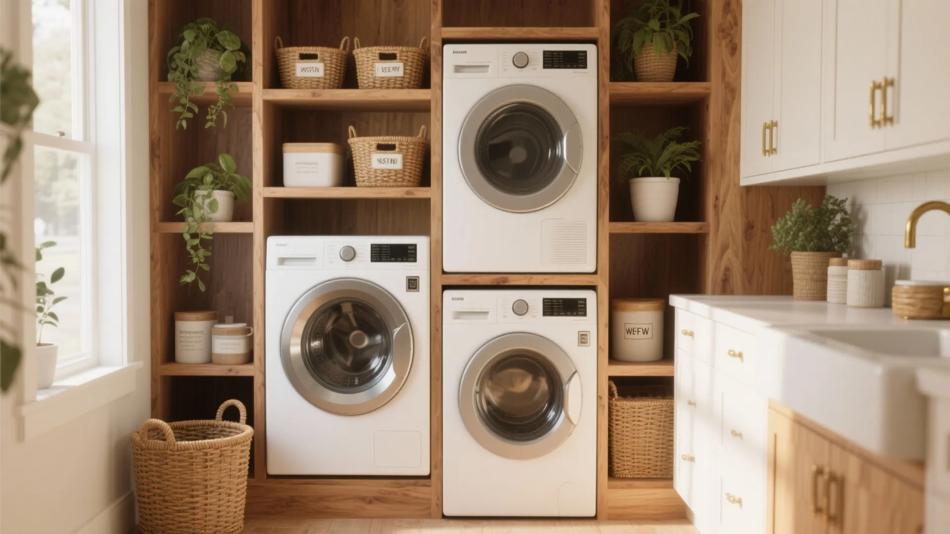 Cozy laundry corner with stacked washer dryer, open engineered wood shelving and woven baskets under soft daylight.