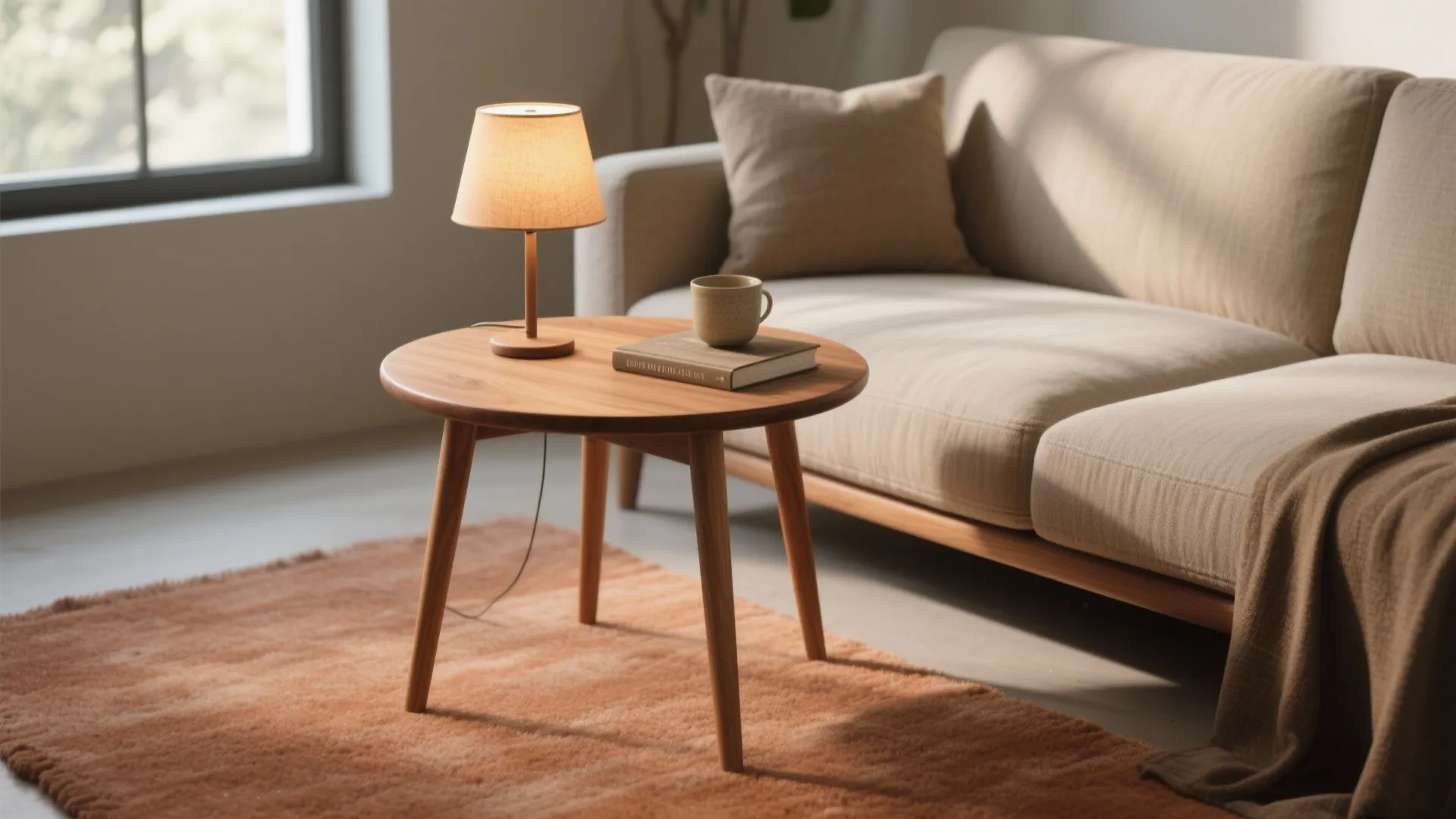 Round wooden side table with small table lamp plus book and cup beside beige fabric sofa